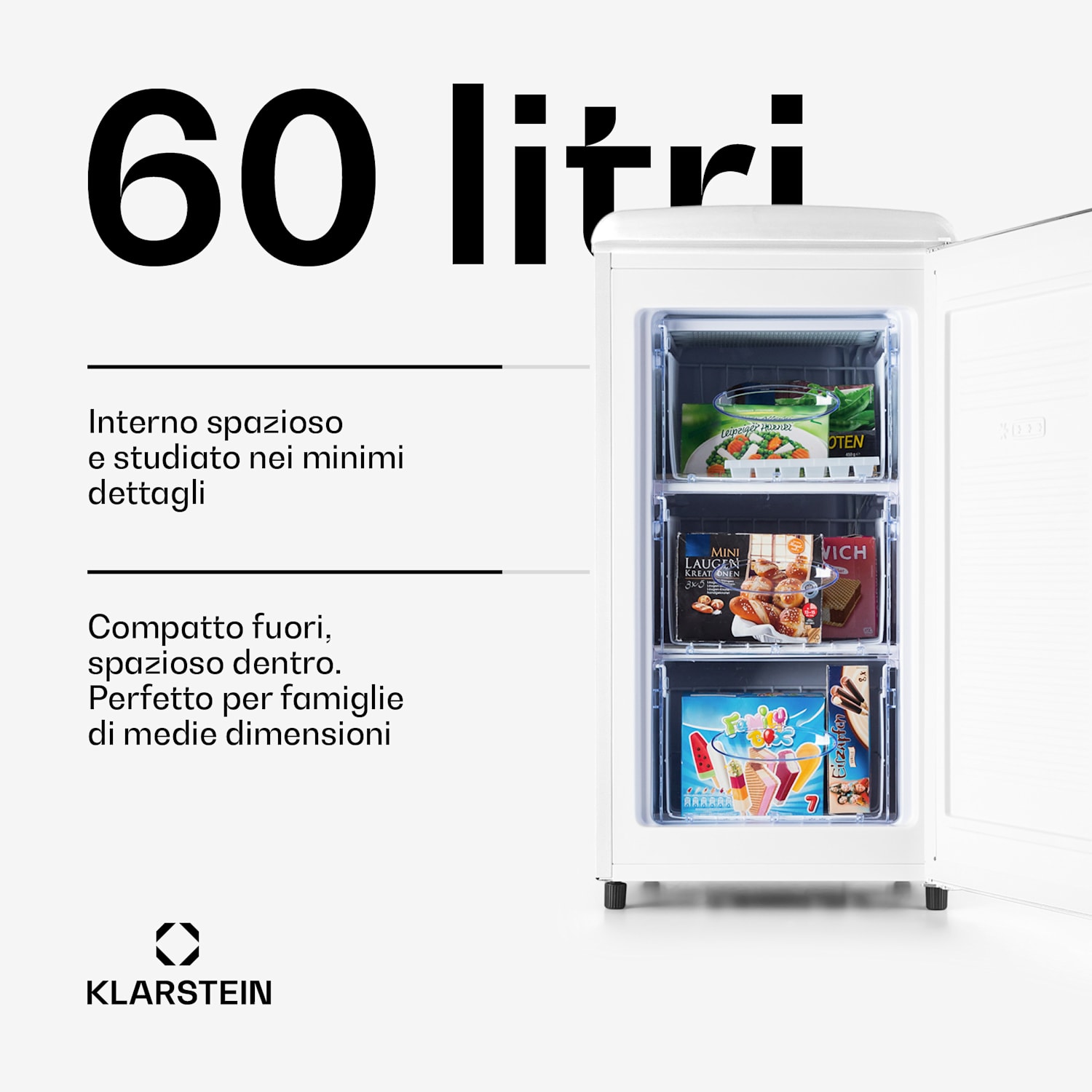 Laika 60L Freezer 60 litri 3 cassetti Temperatura: da -18 a 0 °C Bianco