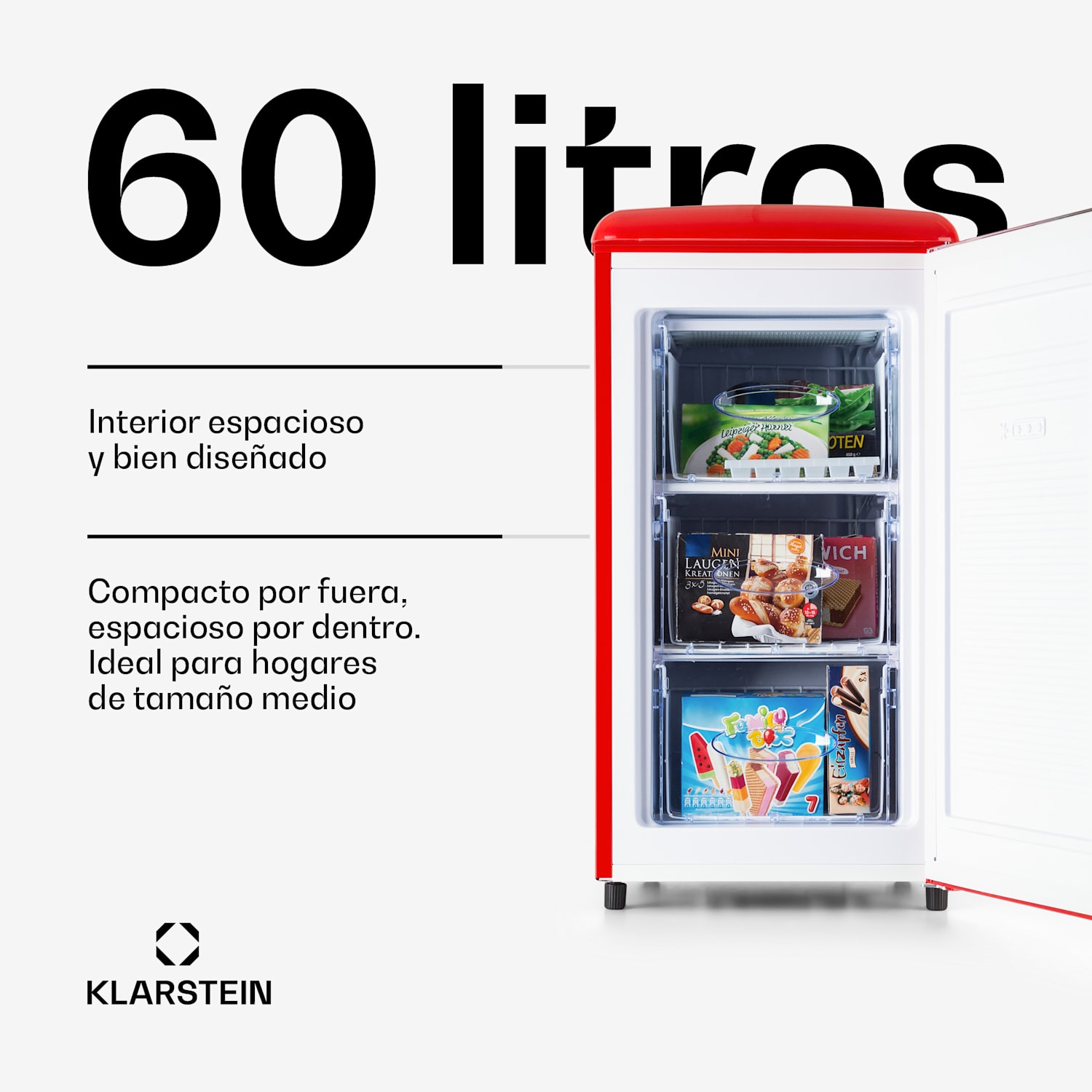 Laika 60L Congelador 60 litros 3 cajones Temperatura: -18 a 0 °C Rojo