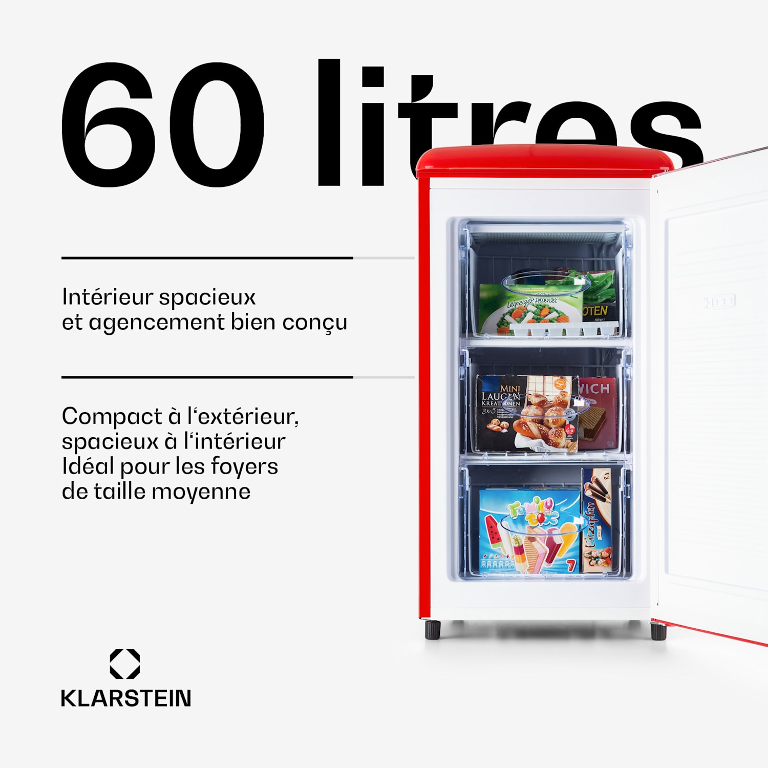 Laika 60 L Congélateur 60 litres 3 tiroirs Température : -18 à 0 °C Rouge