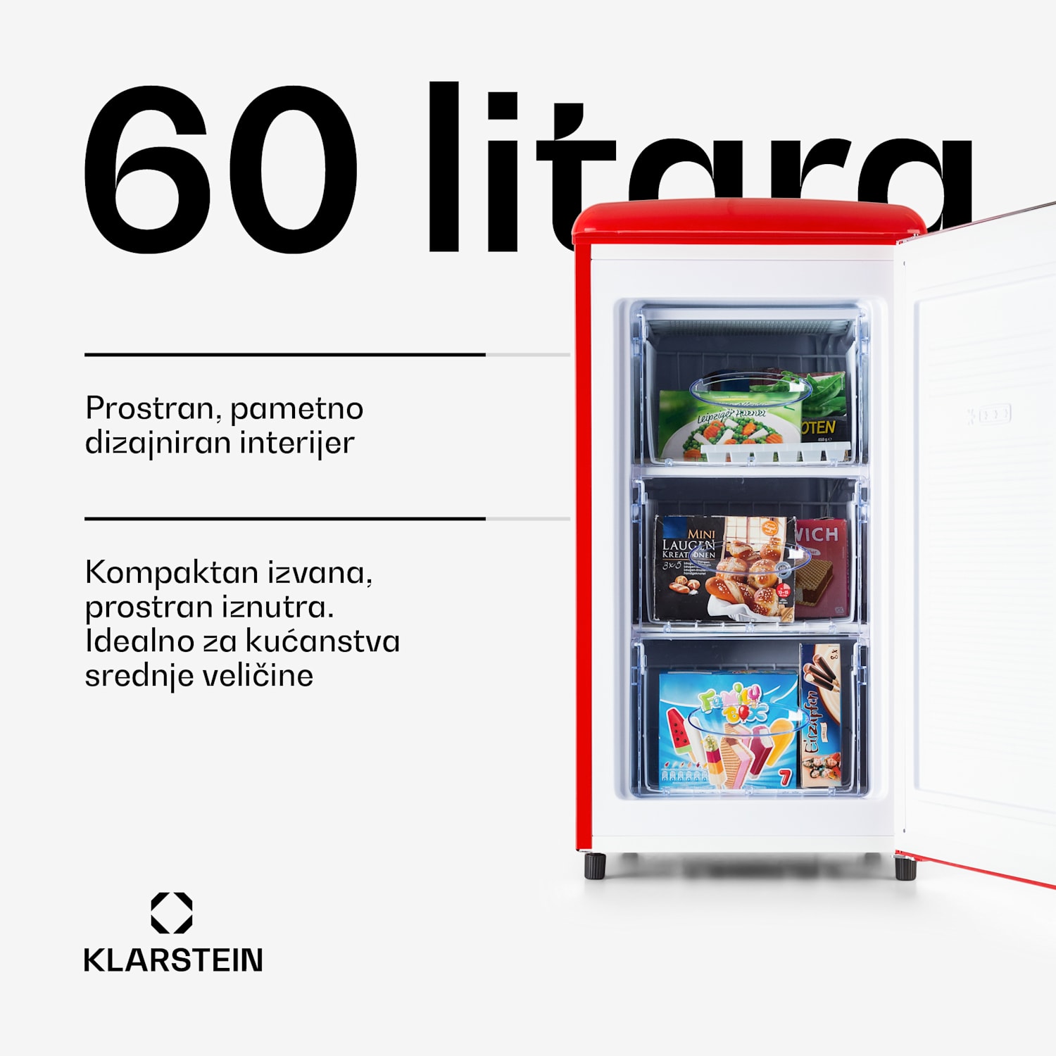 Laika 60L, zamrzivač, 60 l, 3 ladice, temperatura: -18 do 0 °C Crvena