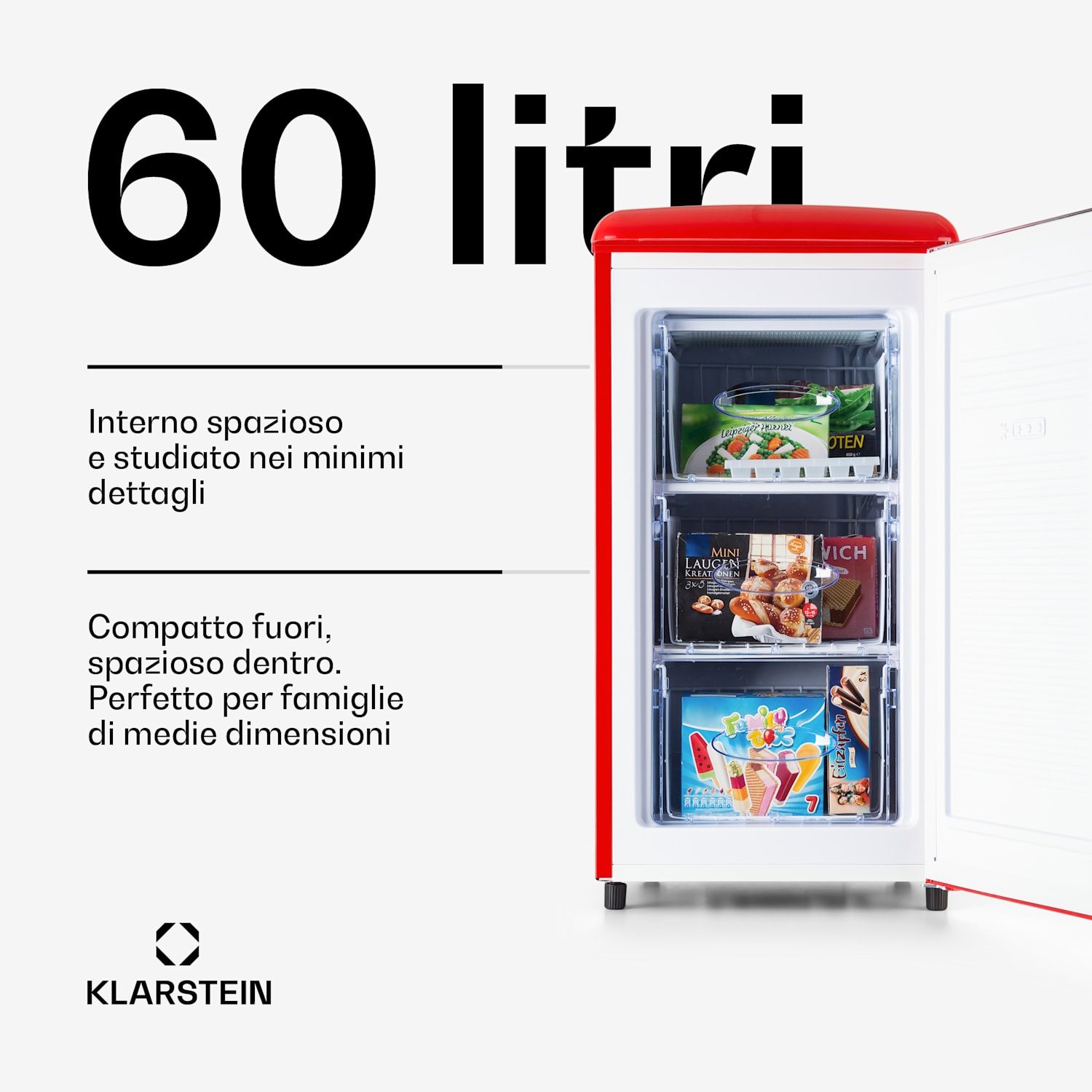 Laika 60 L - Congelatore, 60 litri, 3 cassetti, temperatura: da -18 a 0 °C Rosso