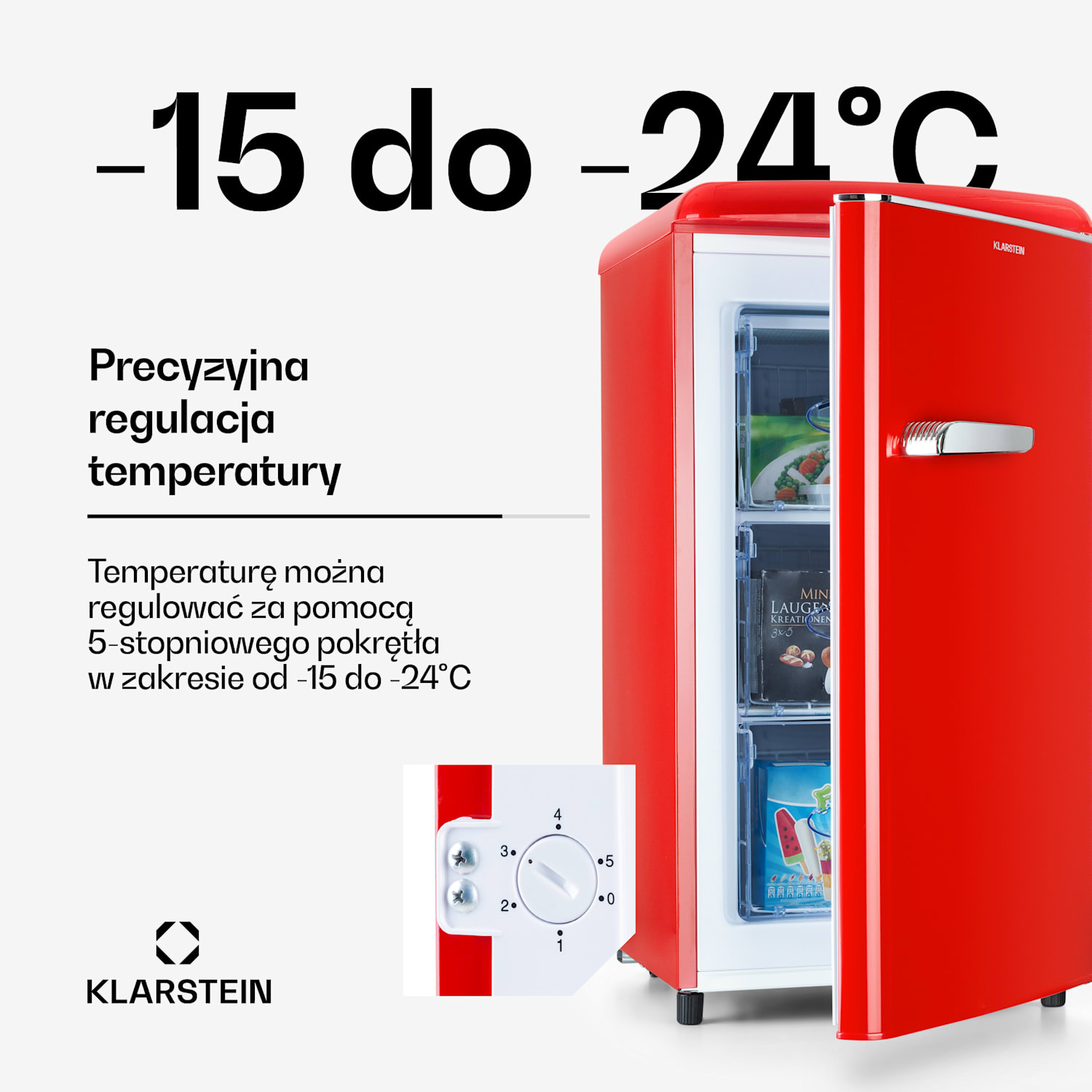 Laika 60l zamrażarka 60 litrów 3 szuflady temperatura: -18 do 0°C Czerwony