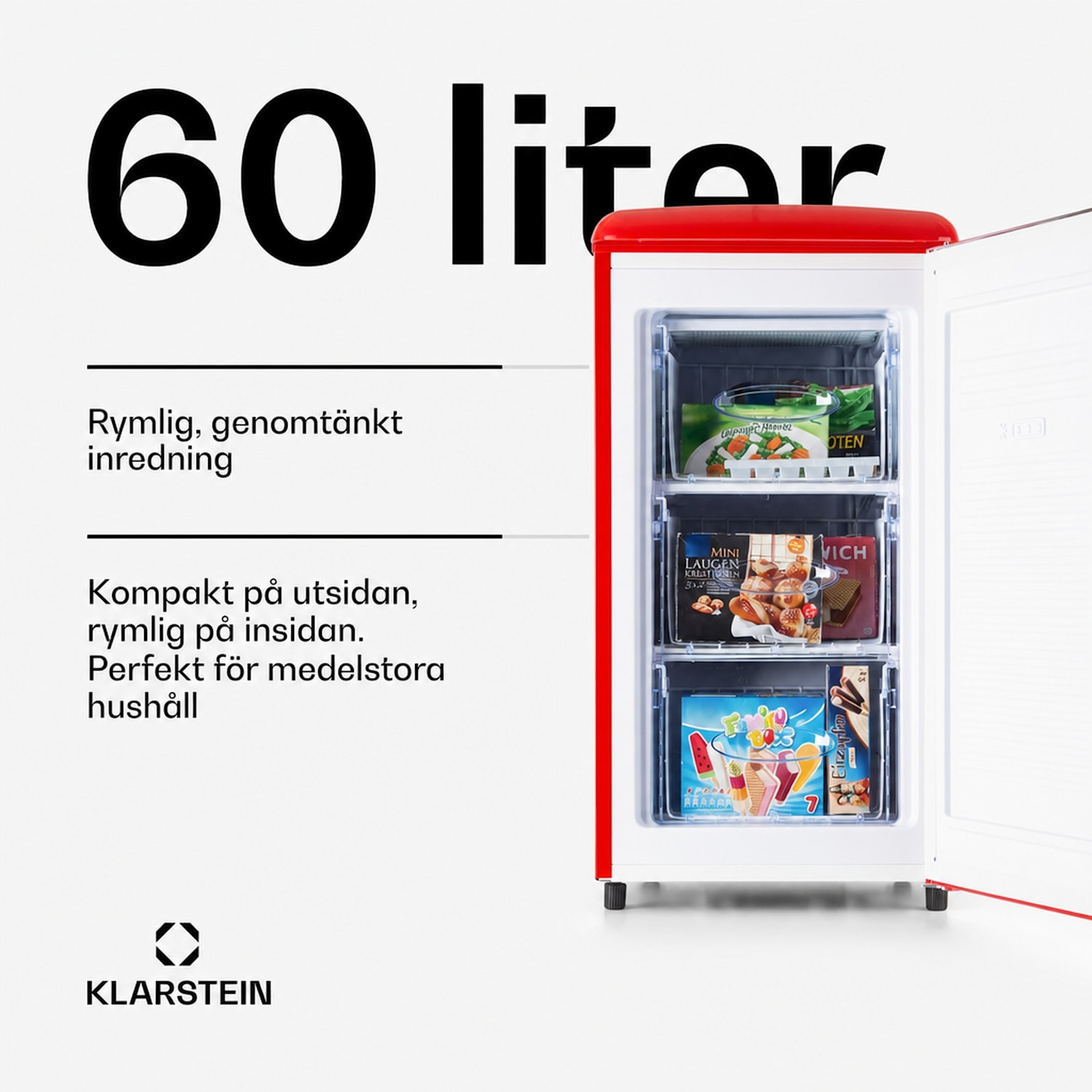 Laika 60L Frysskåp 60 liter 3 lådor temperatur: -18 till 0 °C Röd