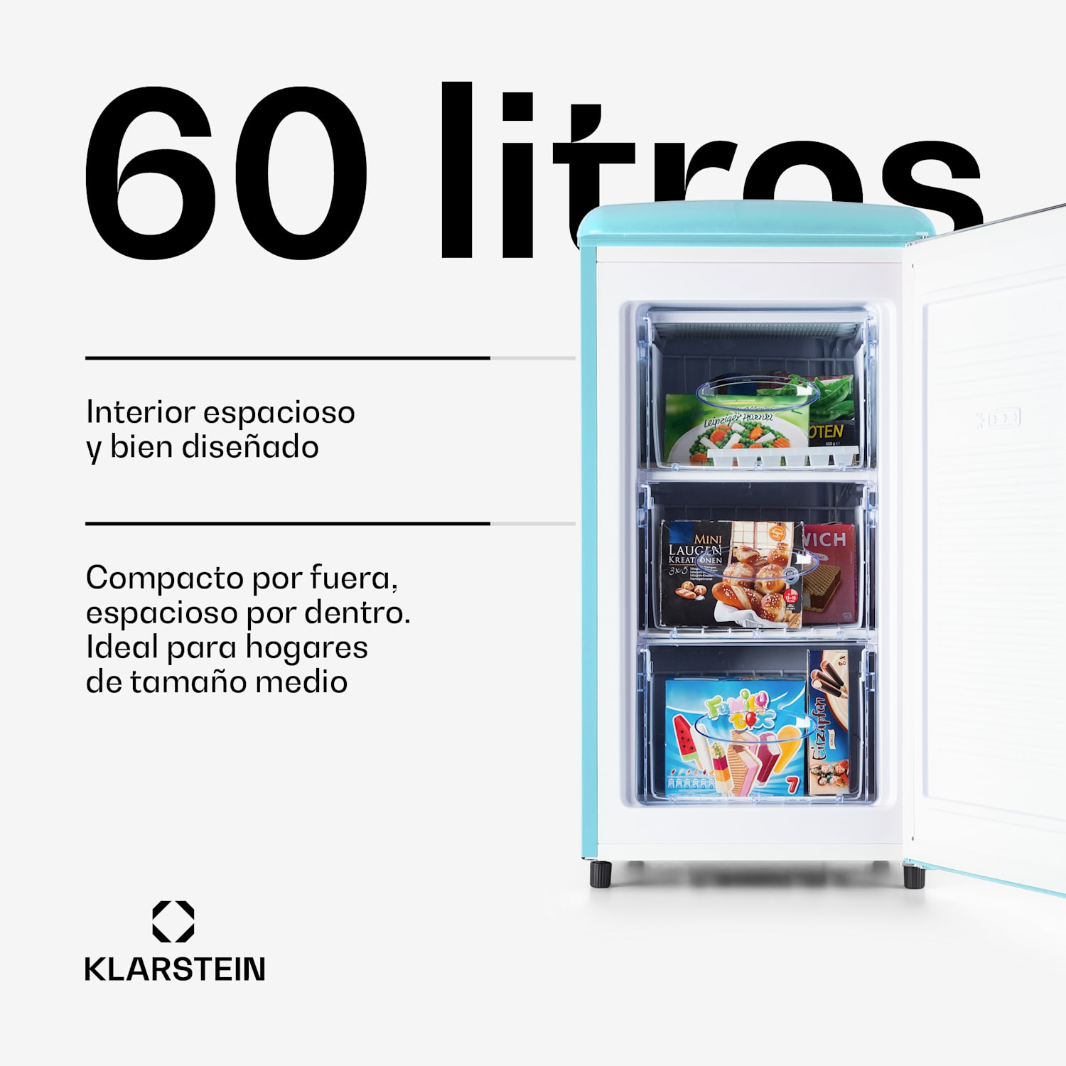 Laika 60L Congelador 60 litros 3 cajones Temperatura: -18 a 0 °C Azul Pastel