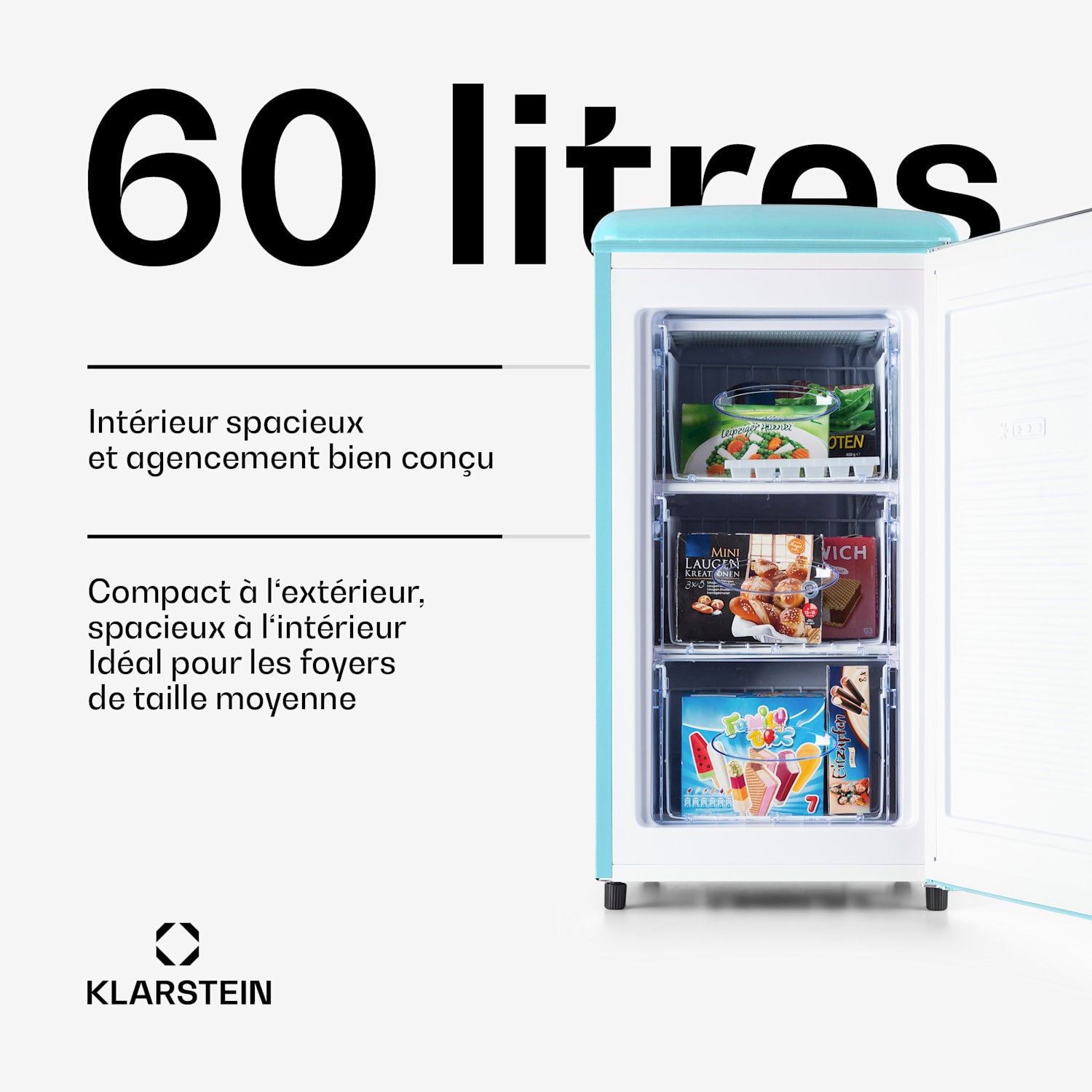 Congélateur Laika 60L 60 litres 3 tiroirs Température : -18 à 0 °C Bleu Pastel