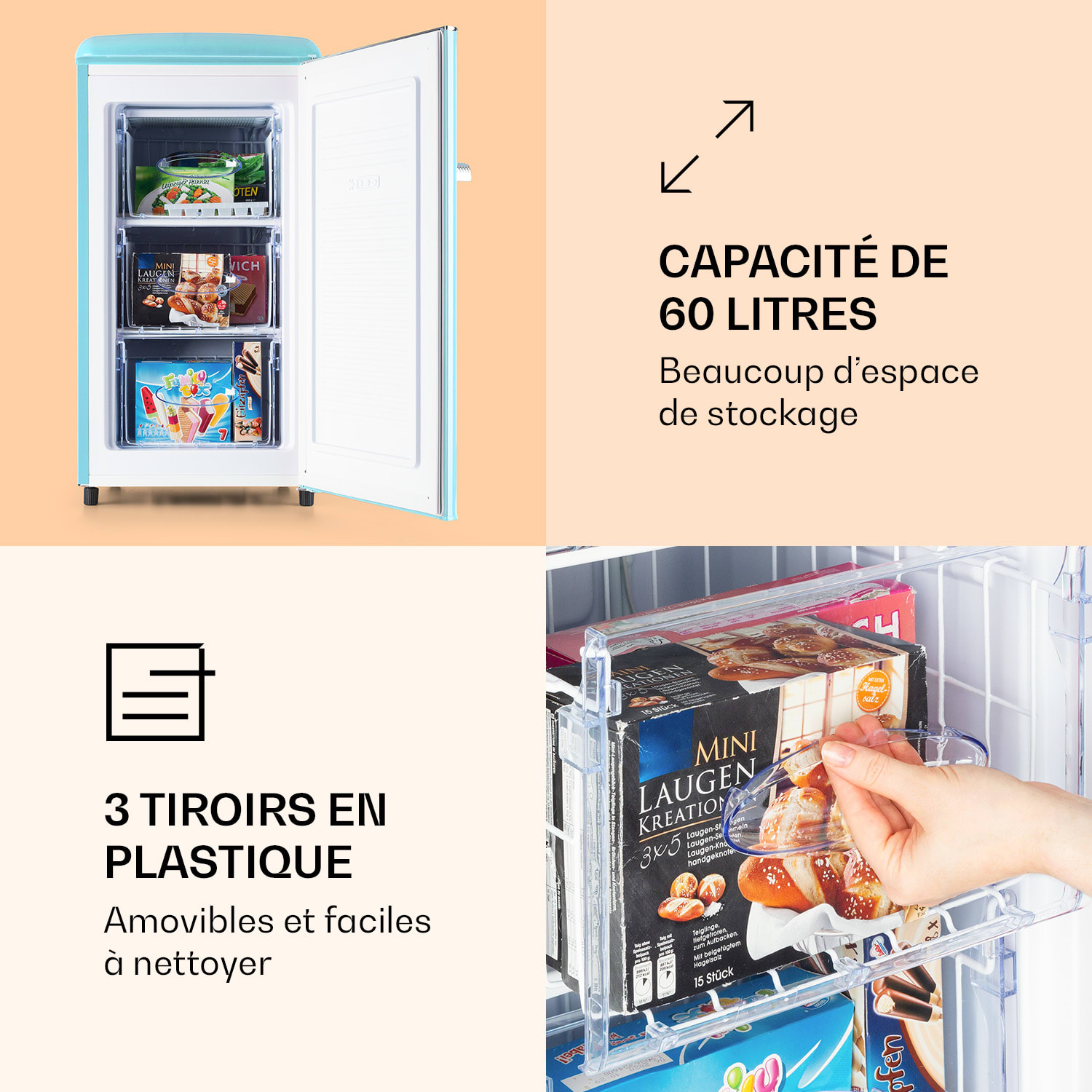 Laika 60L diepvrieskast 60 liter 3 lades temperatuur: -18 tot 0 °C Pastelblauw