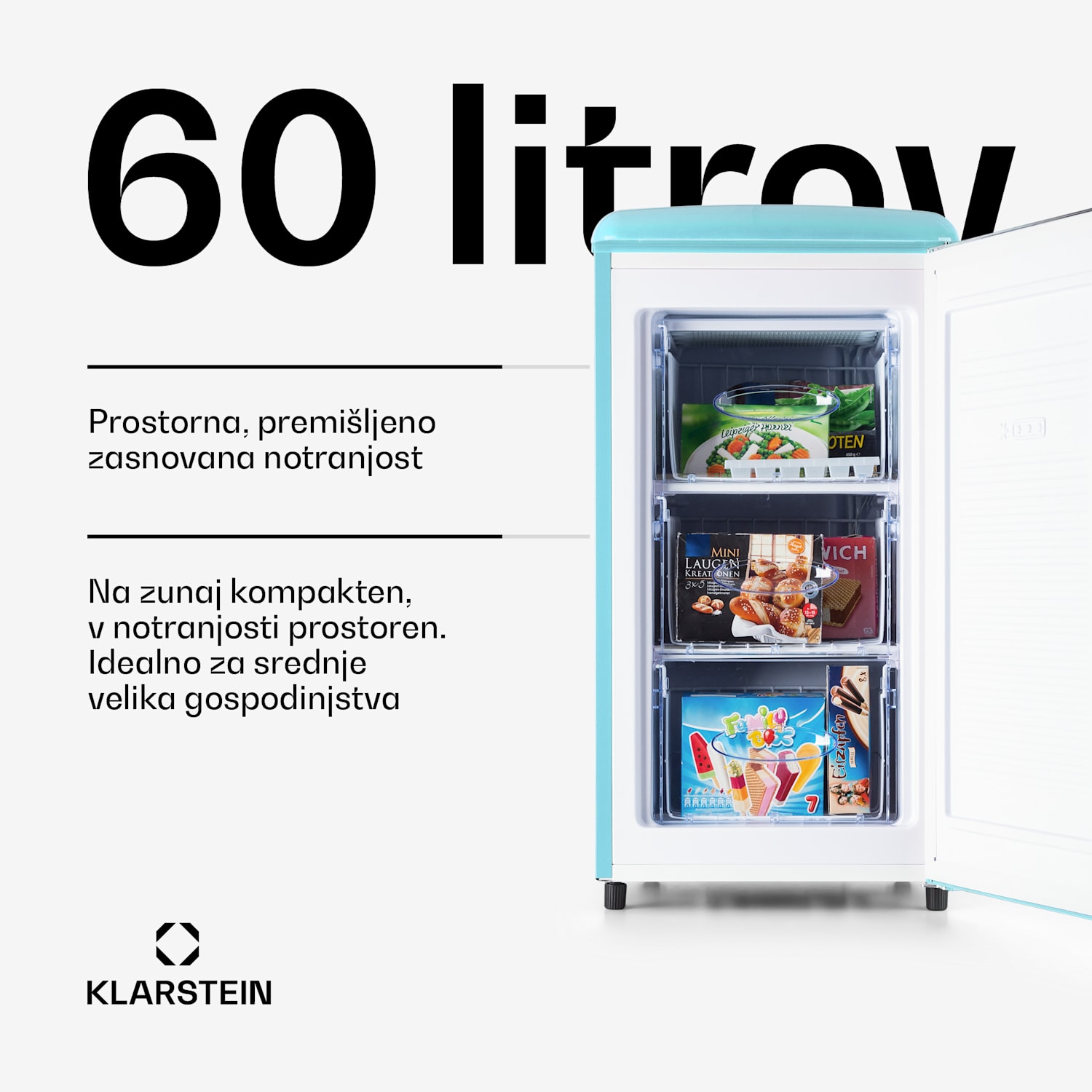 Laika 60L, zamrzovalnik, 60 l, 3 predali, temperatura: -18 do 0 °C Pastelno modra