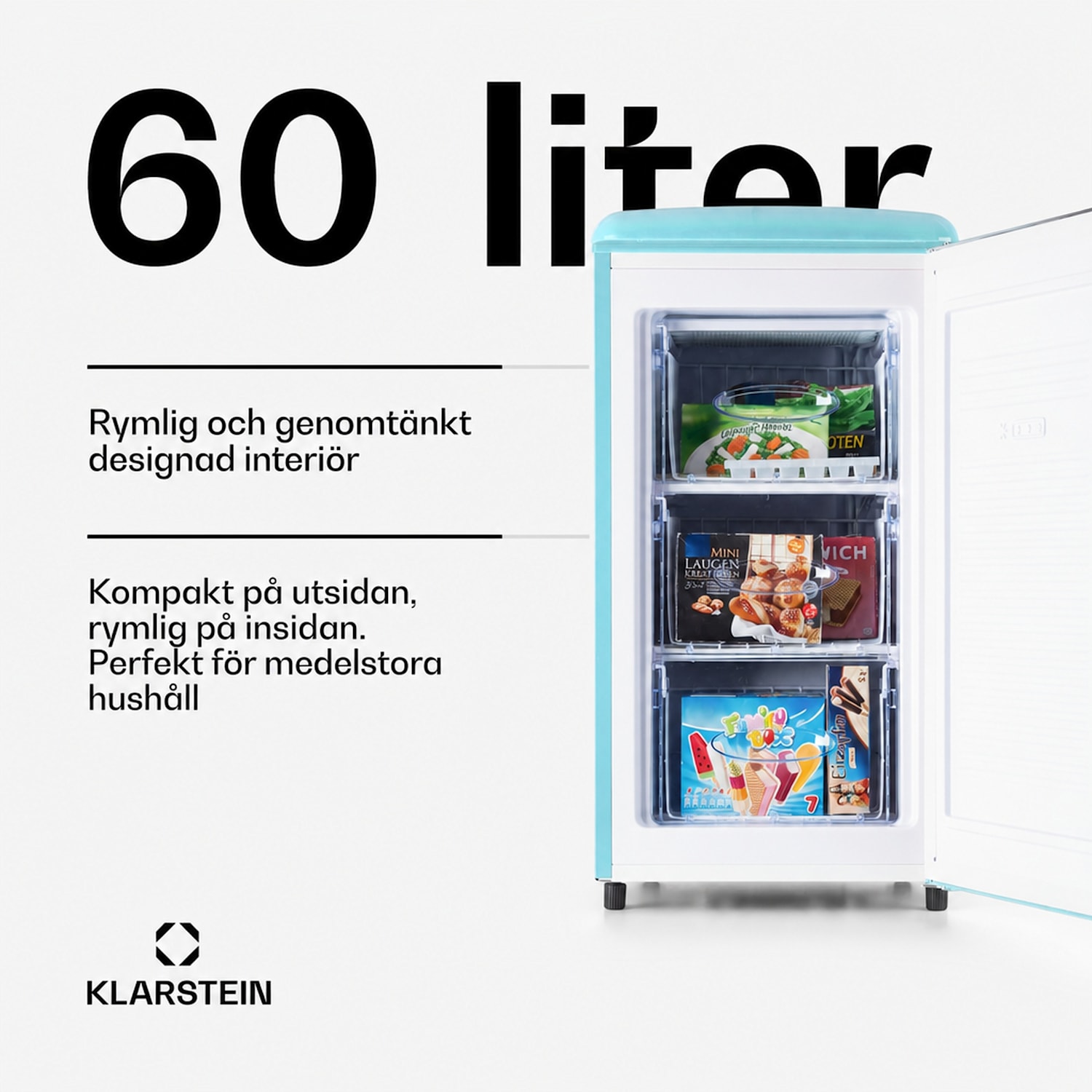 Laika 60L Frysskåp 60 liter 3 lådor temperatur: -18 till 0 °C Pastellblå
