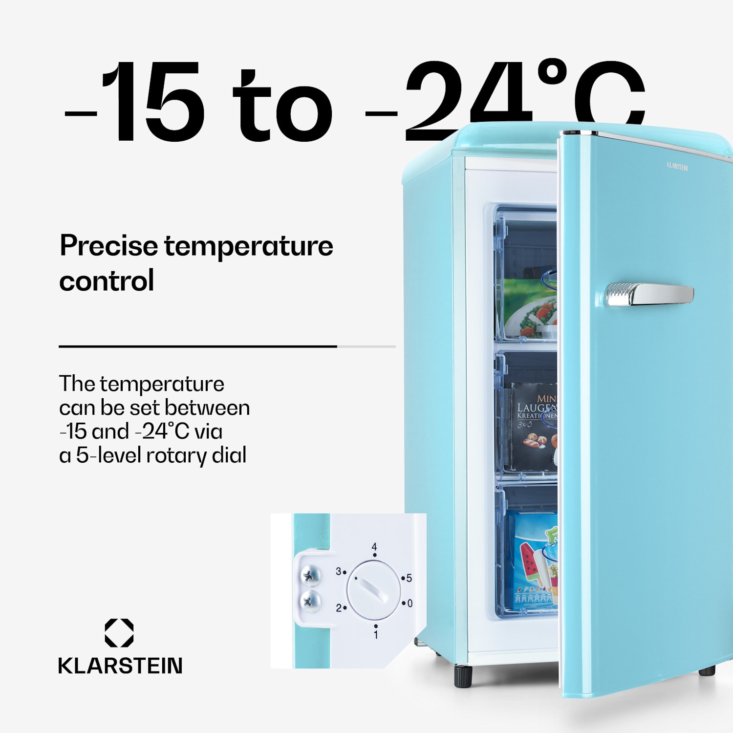 Laika 60L pakastin 60 litraa 3 laatikkoa lämpötila: -18 - 0 °C Pastellinsininen