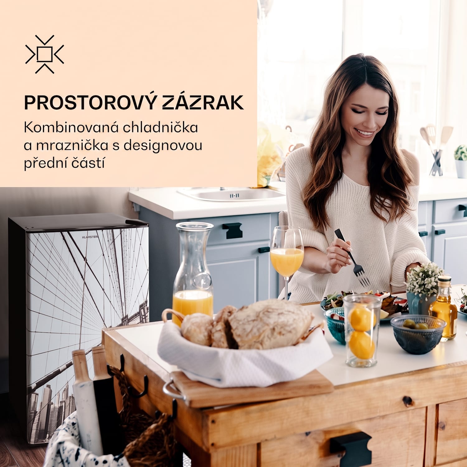 CoolArt 79 l, kombinovaná lednice s mrazákem, EEK E, mrazicí prostor 9 l, designové dveře 