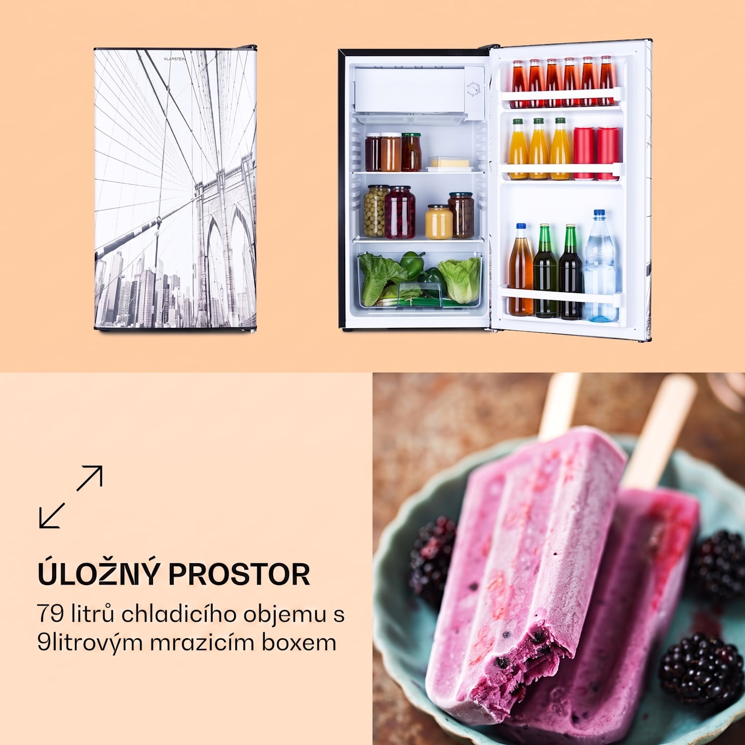 CoolArt 79 l, kombinovaná lednice s mrazákem, EEK E, mrazicí prostor 9 l, designové dveře 