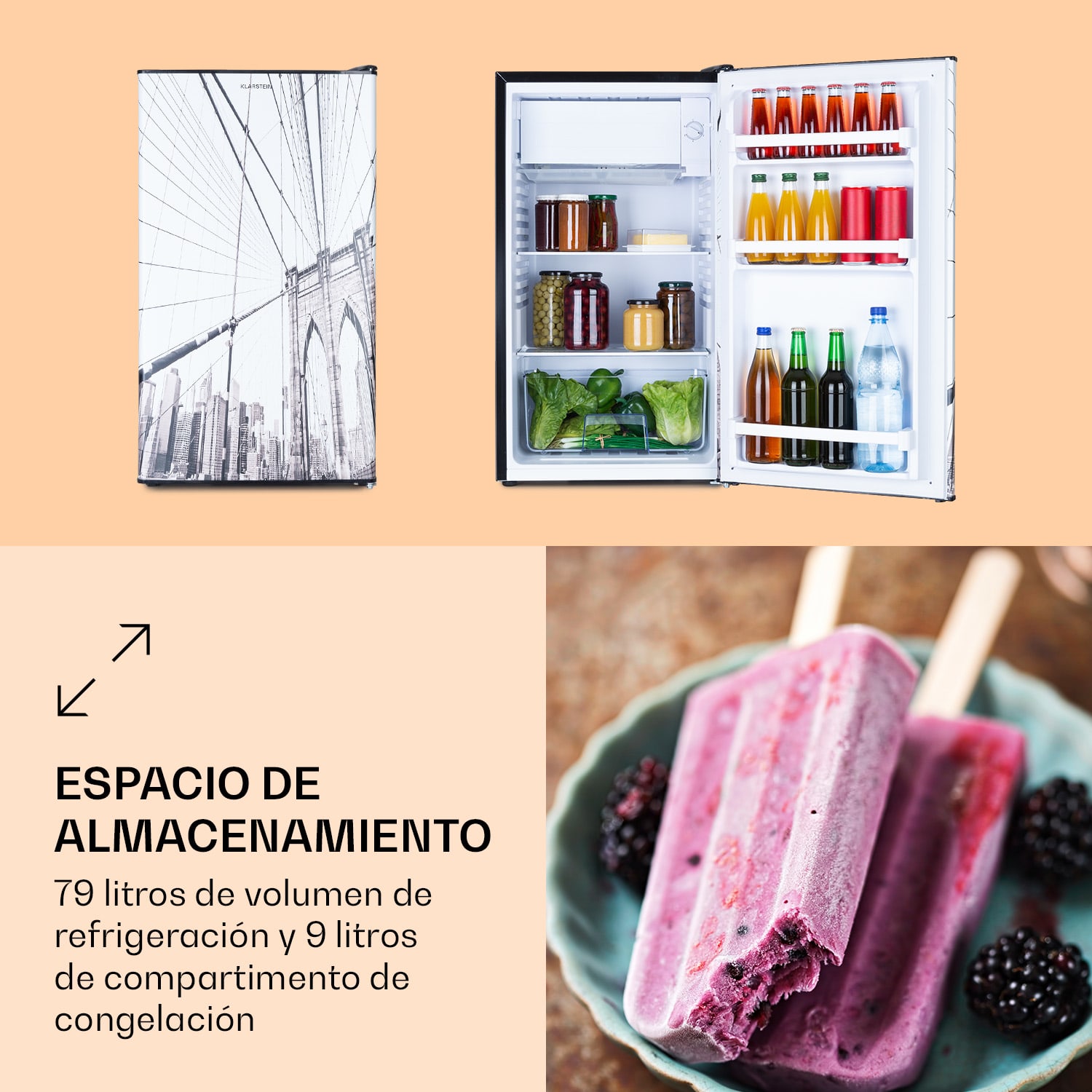 Combinación de frigorífico y congelador CoolArt 79 litros, clase de eficiencia energética E, congelador 9 litros, puerta de diseño 