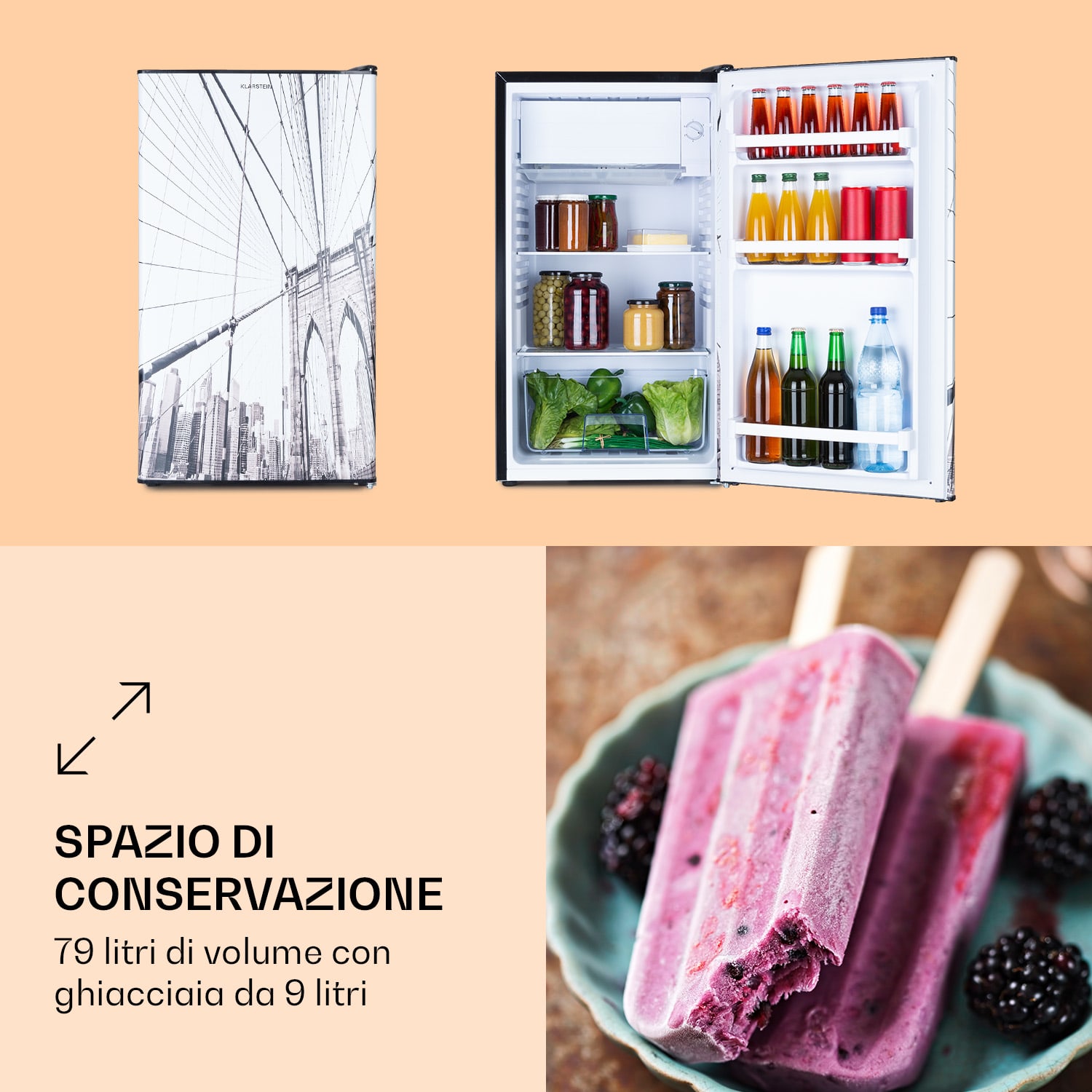 CoolArt 79L - Frigorifero con vano congelatore, classe energetica E, vano congelatore da 9 L, sportello di design 
