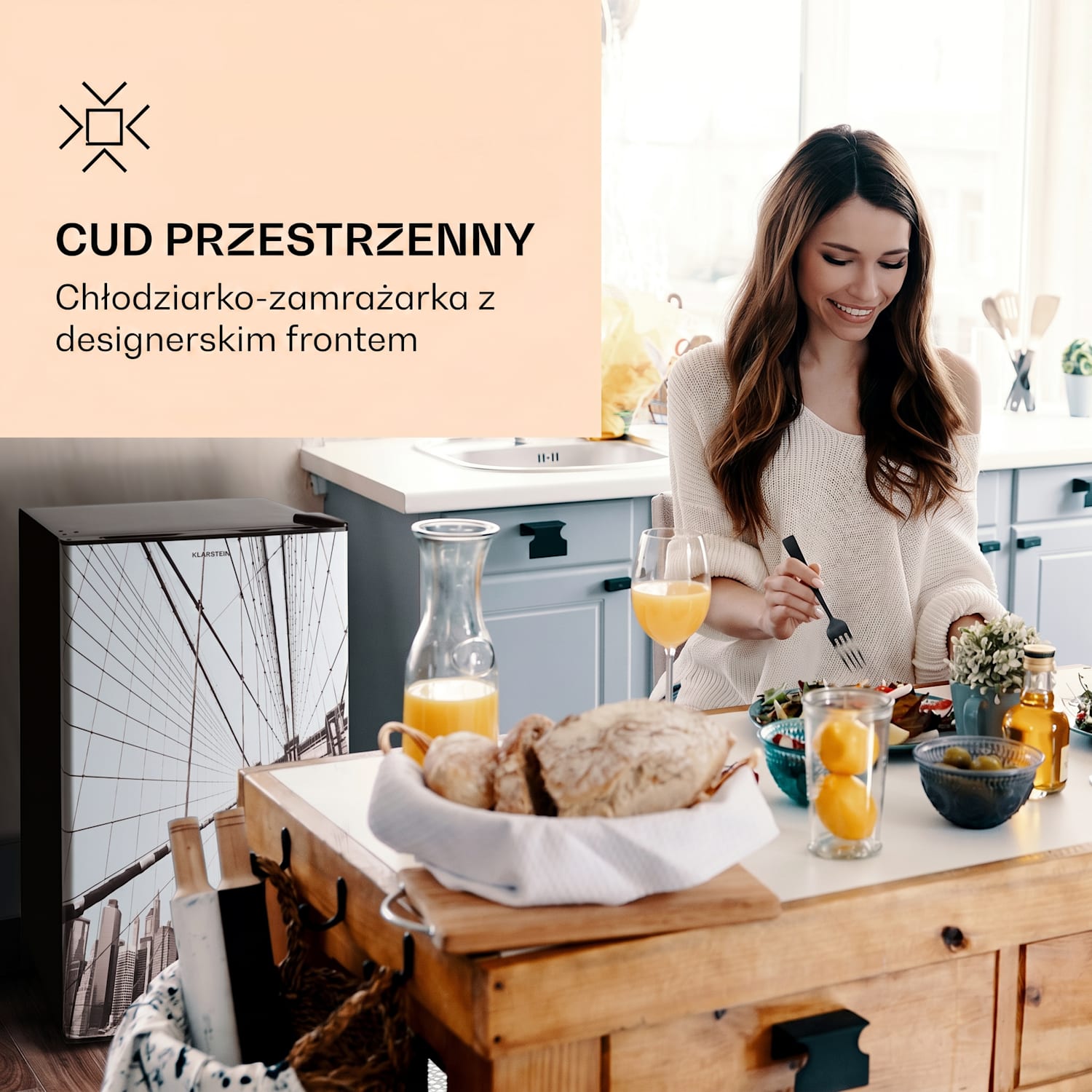 CoolArt, lodówka z zamrażalnikiem, klasa energetyczna E, zamrażalnik 9 l, stylowe drzwi 