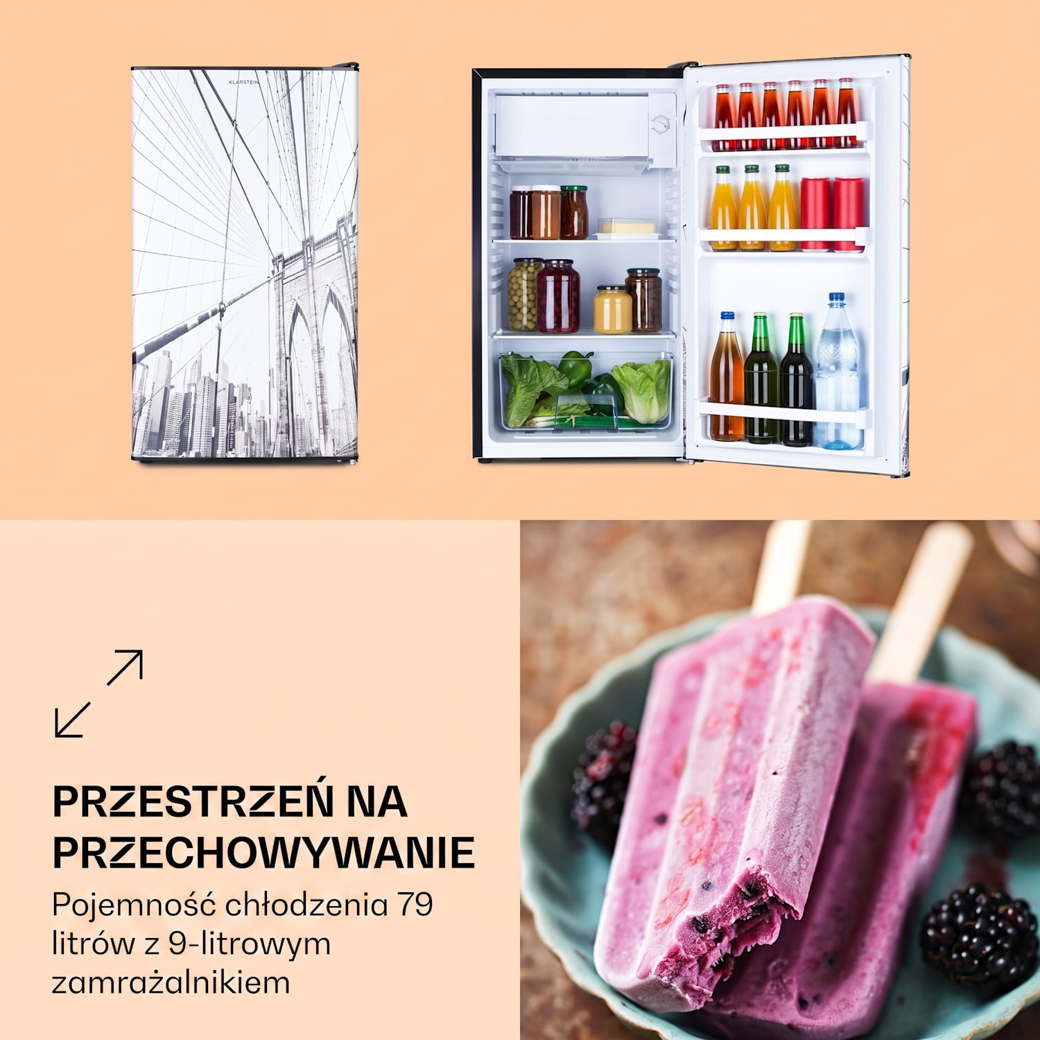 CoolArt, lodówka z zamrażalnikiem, klasa energetyczna E, zamrażalnik 9 l, stylowe drzwi 