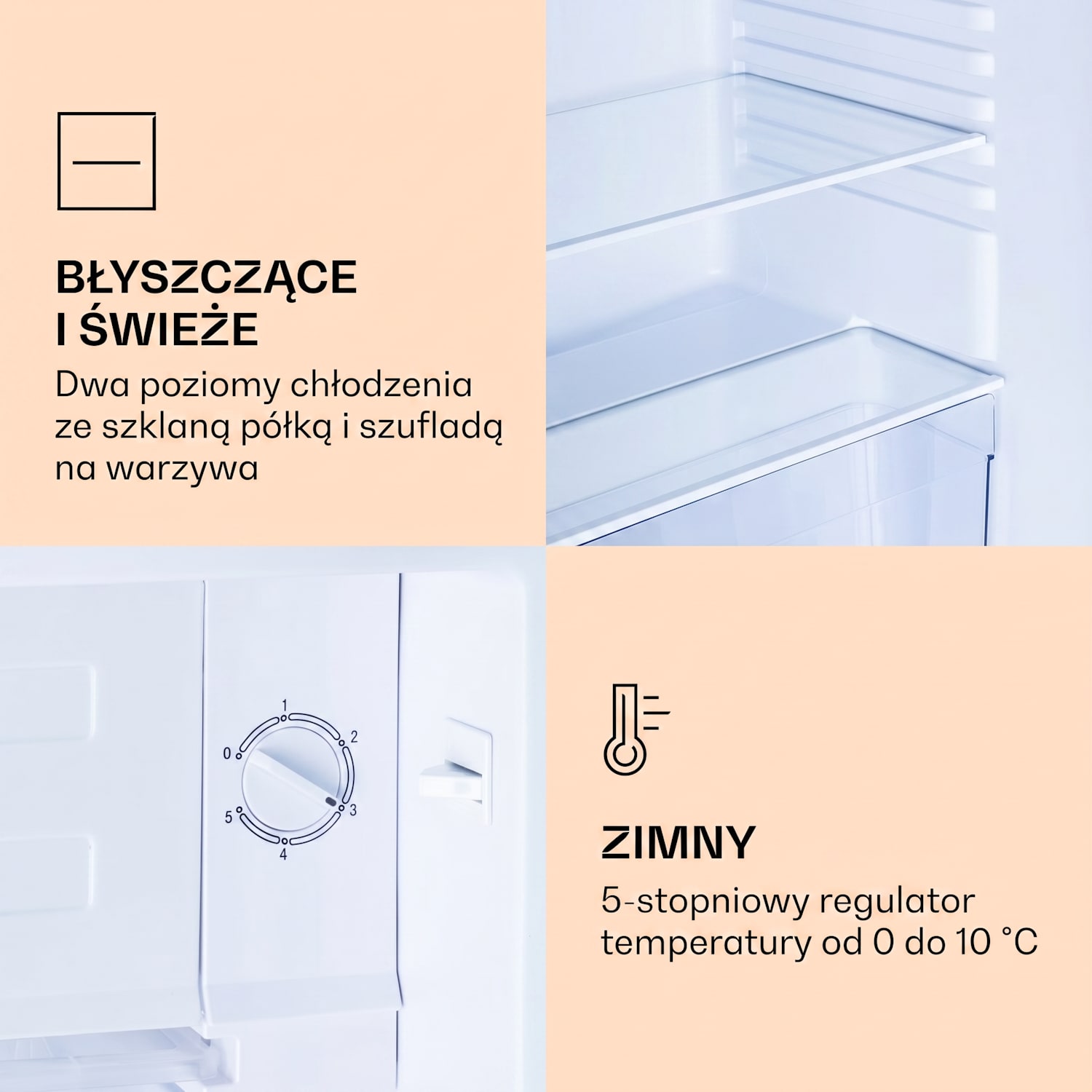 CoolArt, lodówka z zamrażalnikiem, klasa energetyczna E, zamrażalnik 9 l, stylowe drzwi 