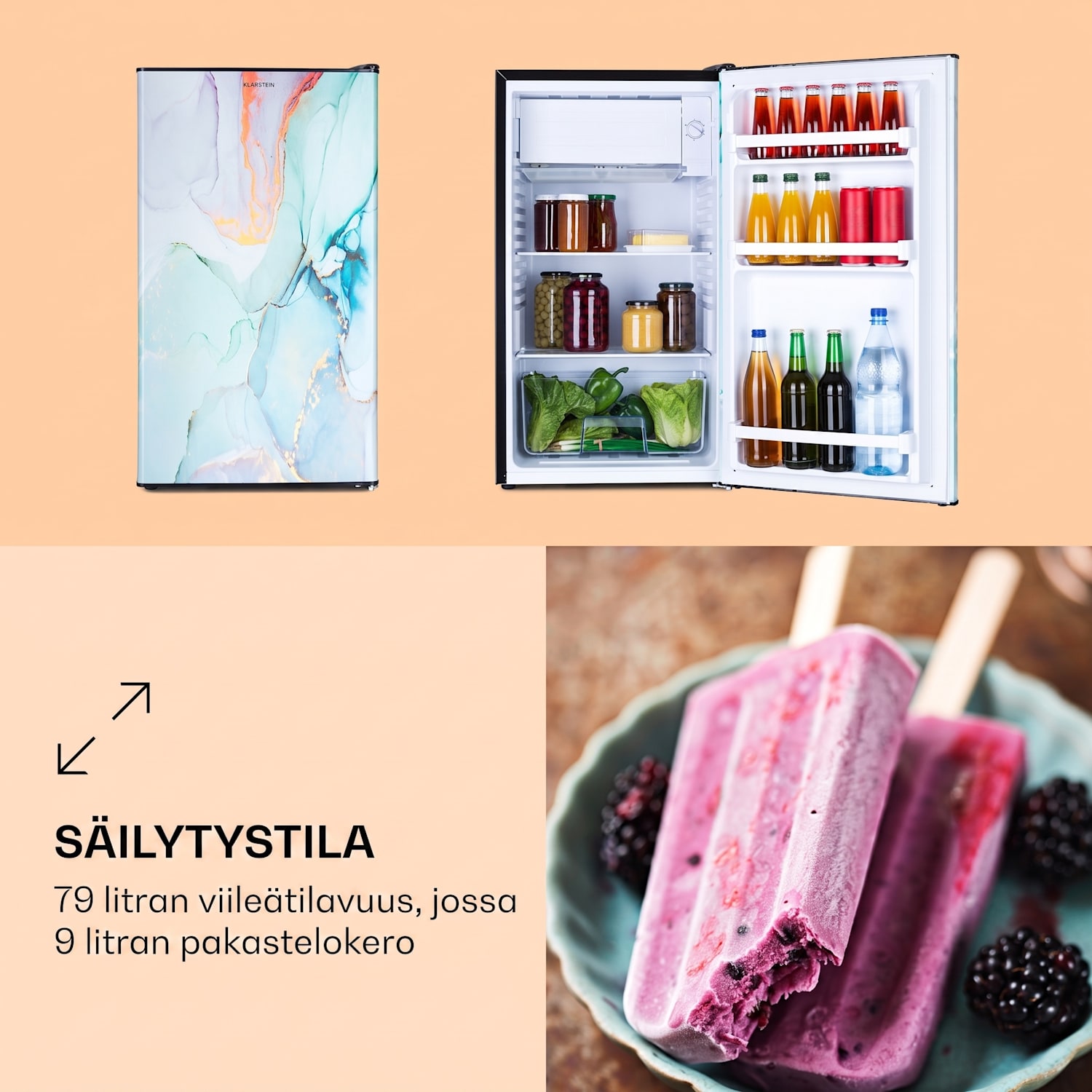 CoolArt 79l jääkaappi-pakastin energiatehokkuusluokka E pakastelokero 9l design ovi 