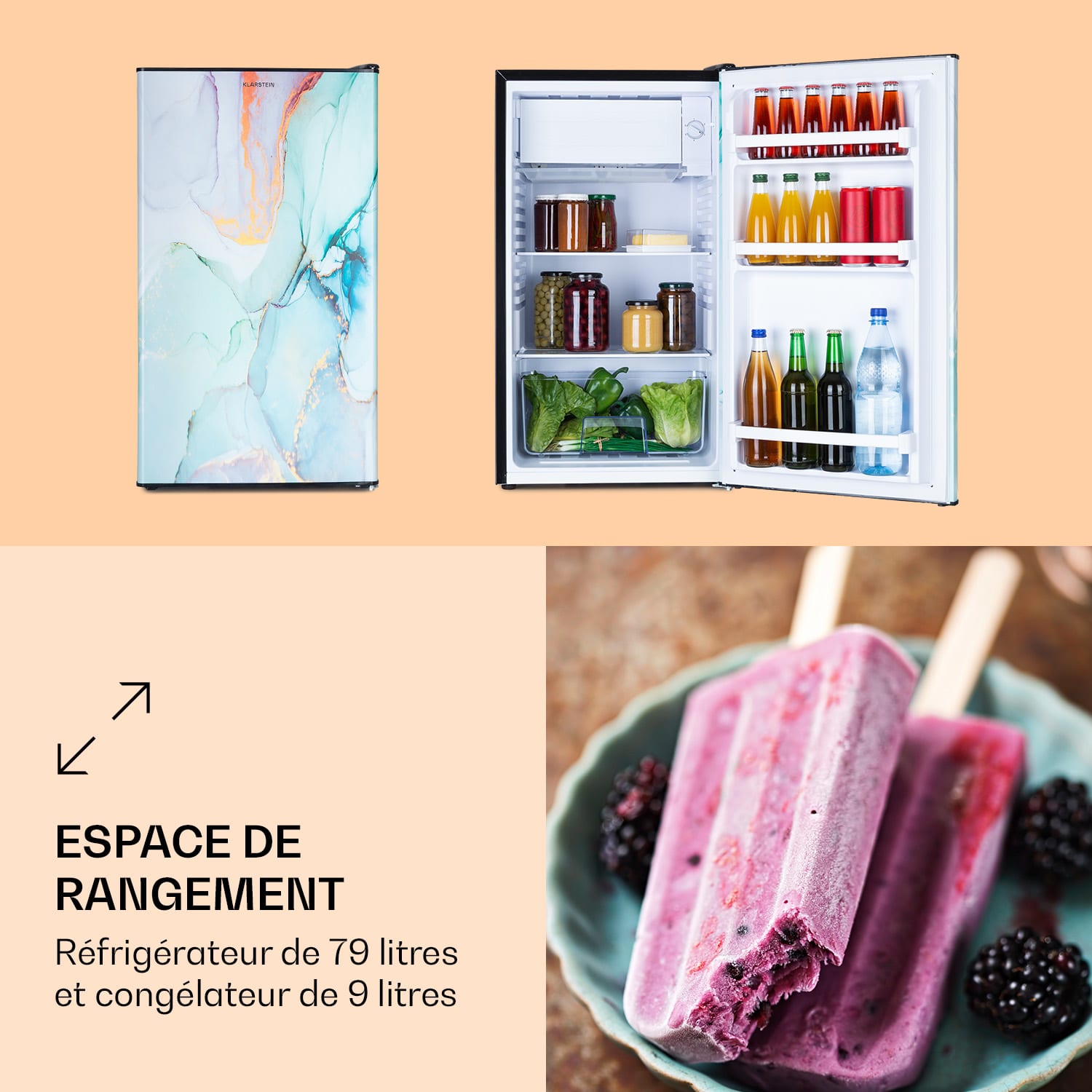 Combiné réfrigérateur-congélateur CoolArt 79L CEE E compartiment congélateur 9l porte design 