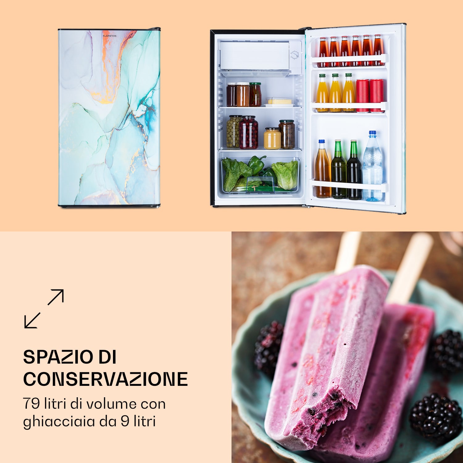 CoolArt 79L - Frigorifero con vano congelatore, classe energetica E, vano congelatore da 9 L, sportello di design 