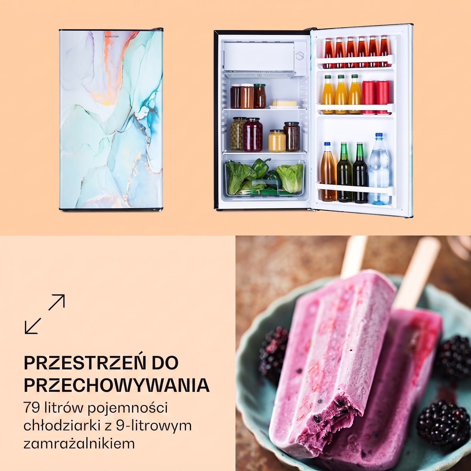 CoolArt 79L, chłodziarko-zamrażarka, klasa efektywności elektrycznej E, komora zamrażarki 9 l, designerskie drzwi 