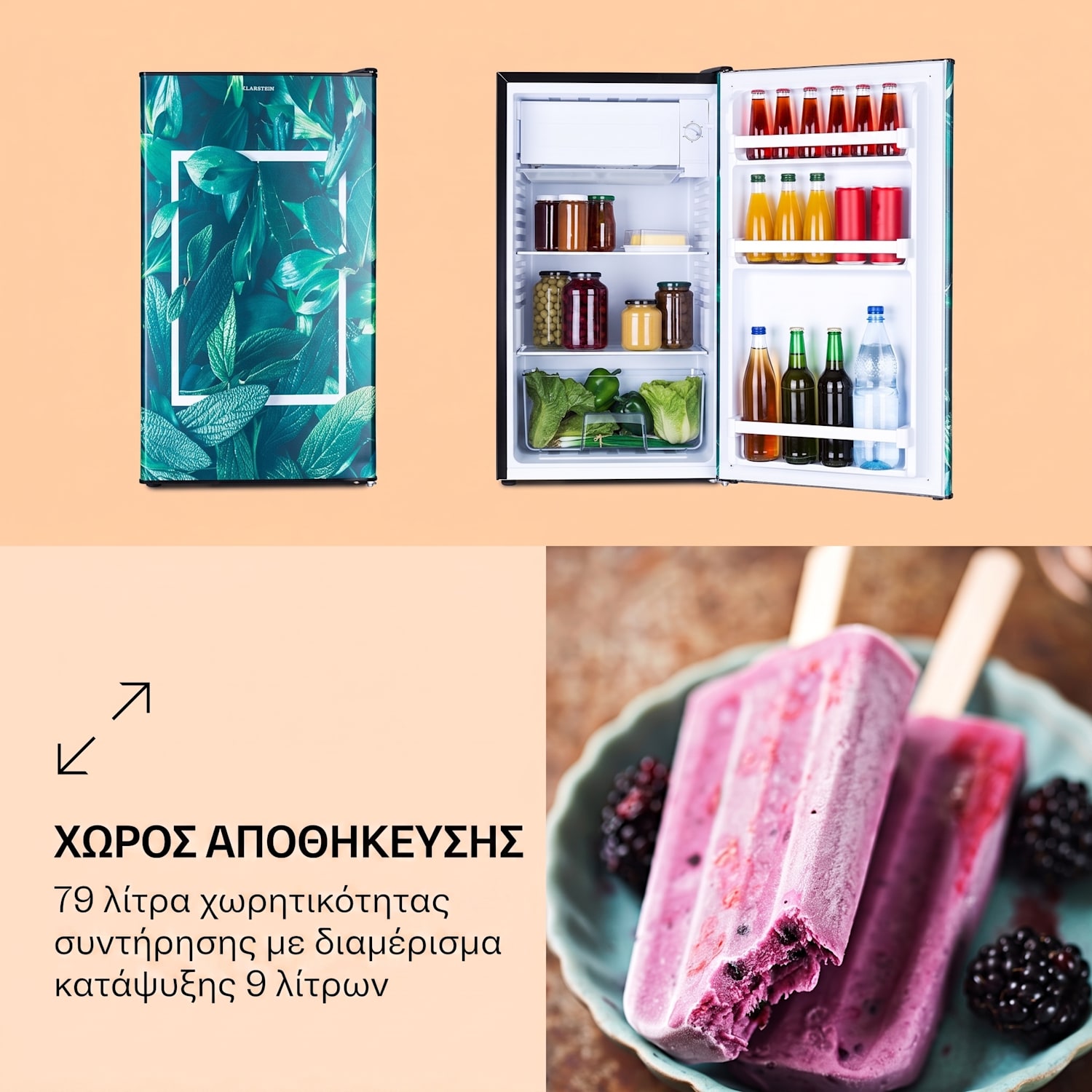 CoolArt 79L, συνδυαστικό ψυγείο με καταψύκτη, κλάση ενεργειακής απόδοσης E, καταψύκτης 9 l, διακοσμητικές πόρτες 