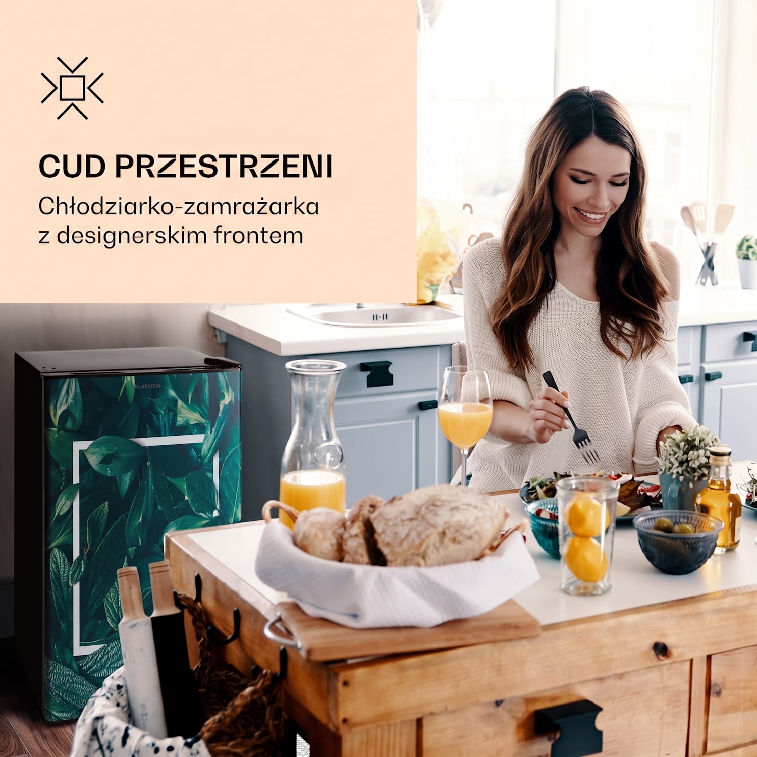 CoolArt 79L, chłodziarko-zamrażarka, klasa efektywności elektrycznej E, komora zamrażarki 9 l, designerskie drzwi 