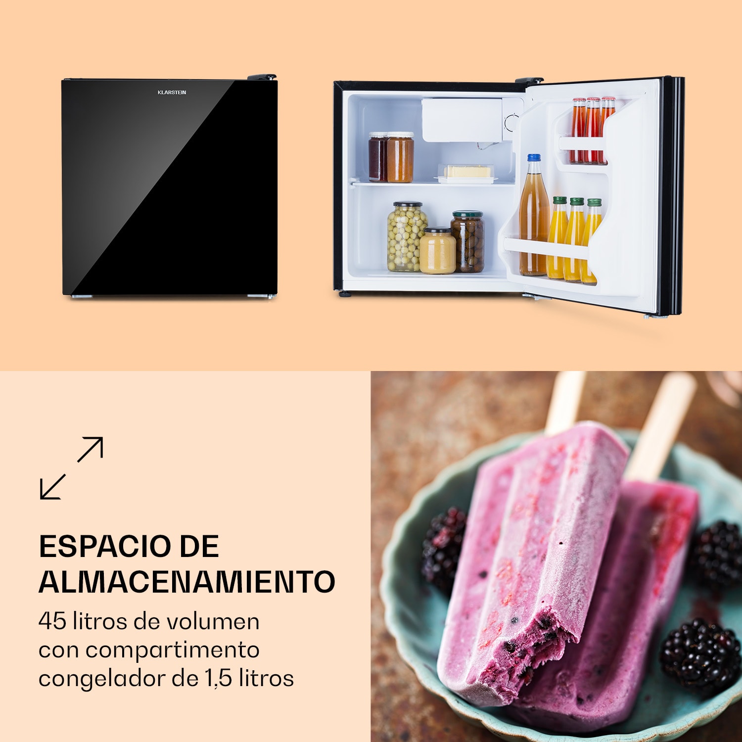 Mini nevera Luminance Frost 45l, clase de eficiencia energética F, congelador 1,5l, puerta de cristal 