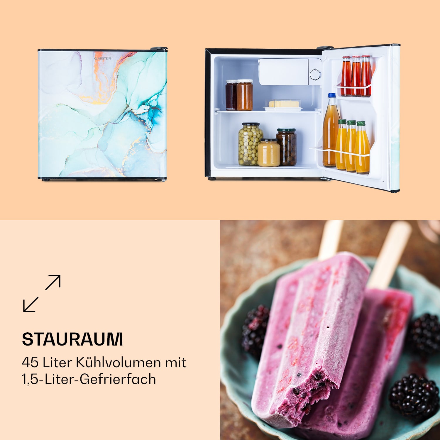 CoolArt 45L Mini-Kühlschrank EEK E Gefrierfach 1,5l Designtür 