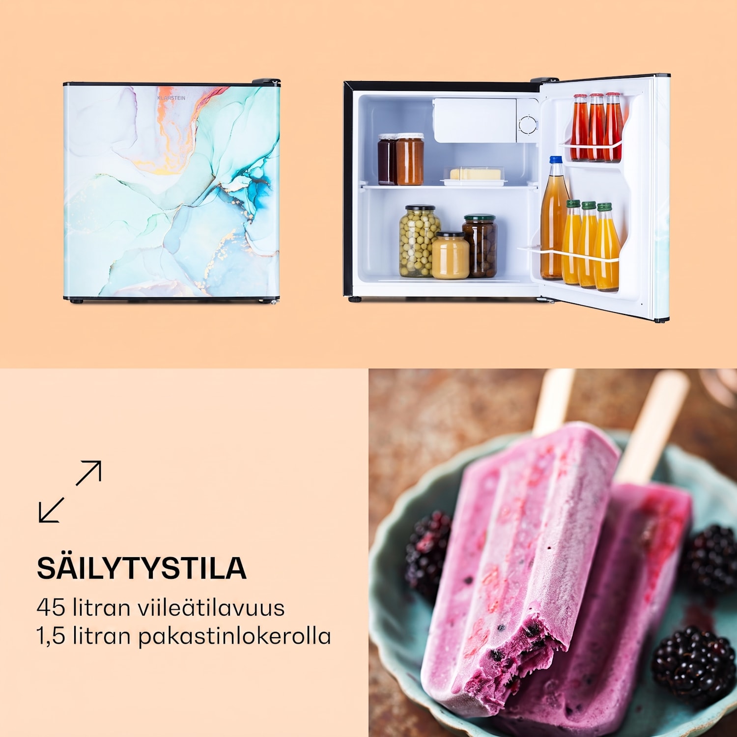 CoolArt 45L minijääkaappi energiatehokkuusluokka E pakastinlokero 1,5l design-ovi 