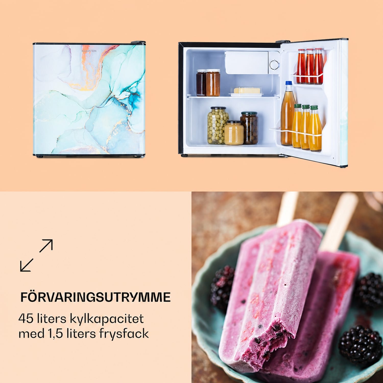 CoolArt 45L minikylskåp EEK E frysfack 1,5 l designdörr 