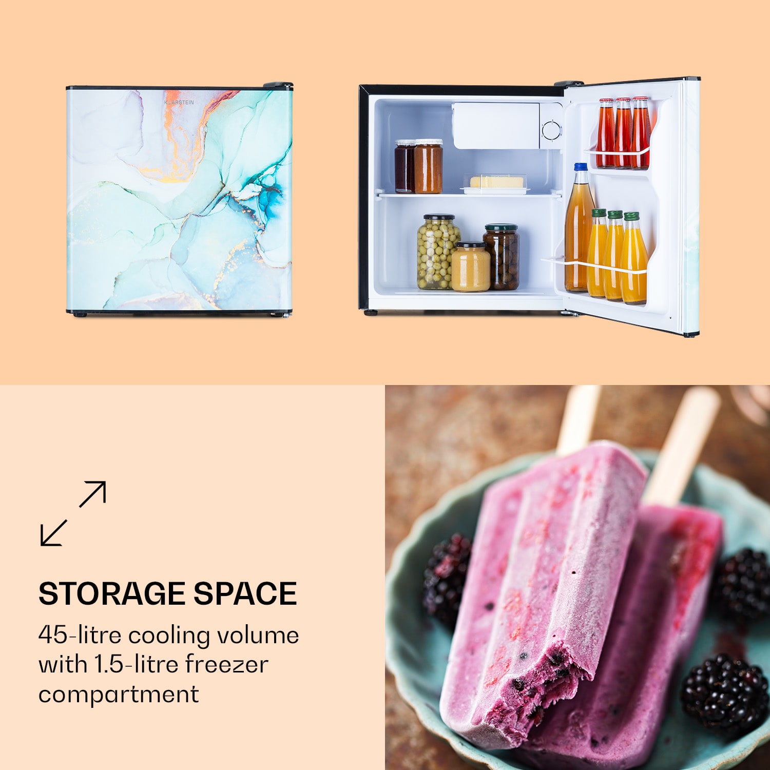 CoolArt, 45L, mini hladnjak, EET E, zamrzivač 1,5 l, dizajnerska vrata 