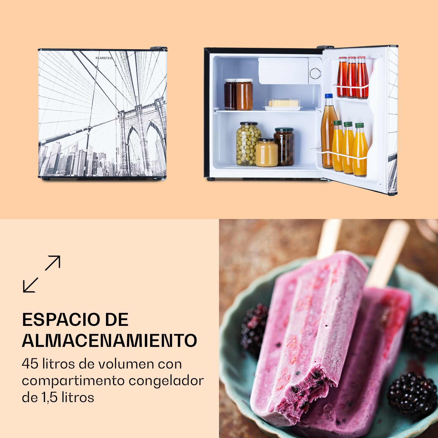 Mini nevera CoolArt 45L, clase de eficiencia energética E, congelador 1,5l, puerta de diseño 