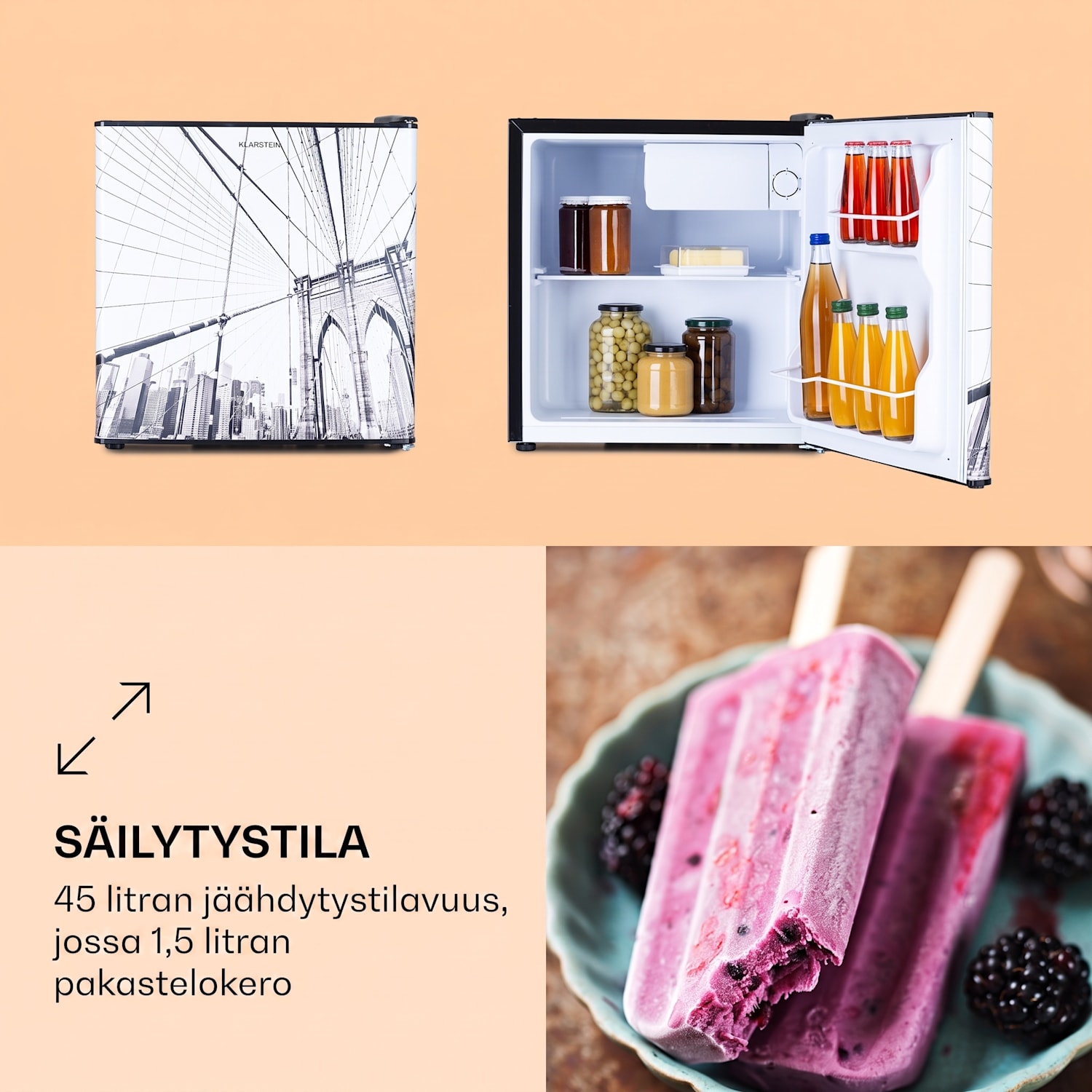 CoolArt 45L minijääkaappi energiatehokkuusluokka E pakastinlokero 1,5l design-ovi 