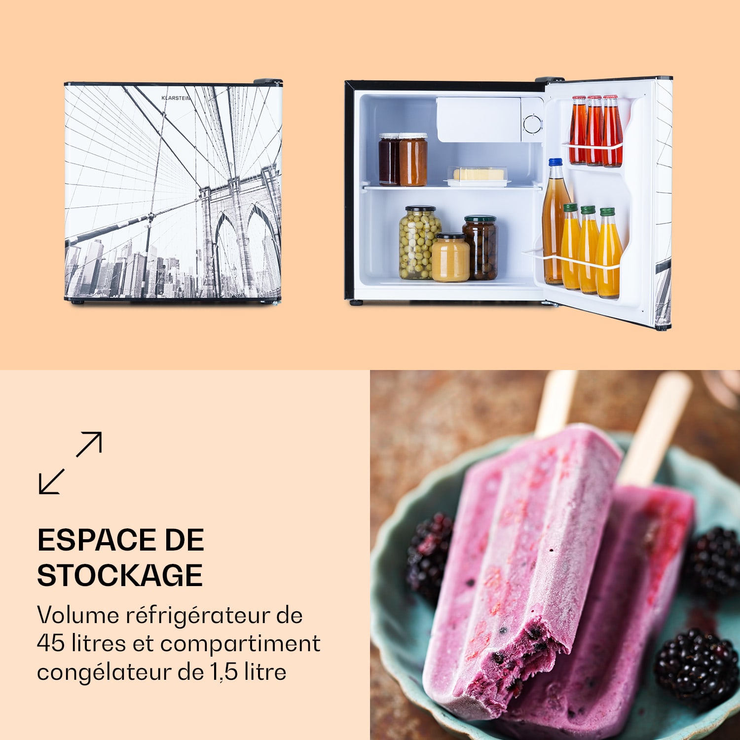 CoolArt 45l mini-koelkast EEK E vriesvak 1,5l design-deur 