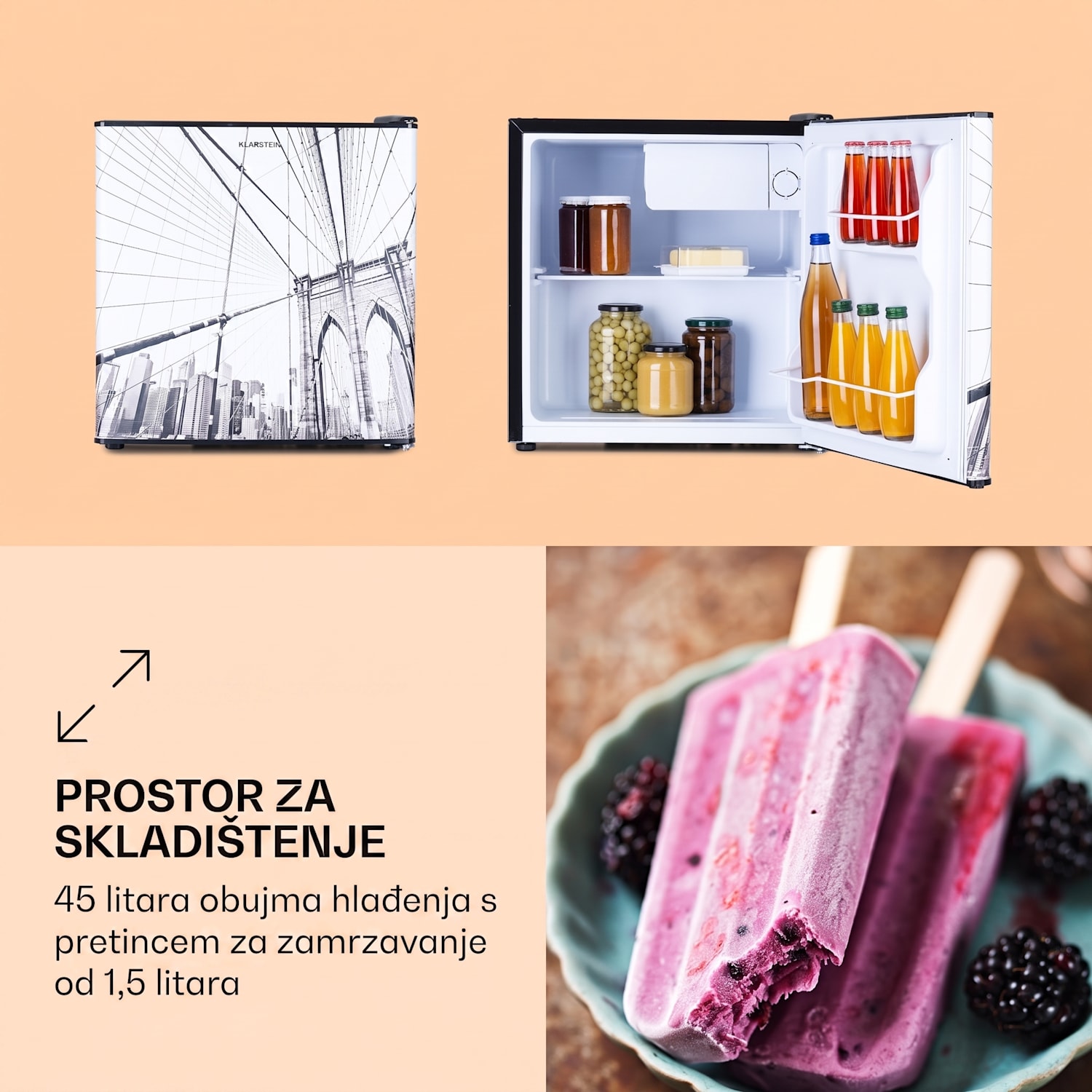 CoolArt 45L, mini hladnjak, EEK E, zamrzivač 1,5 l, dizajnerska vrata 