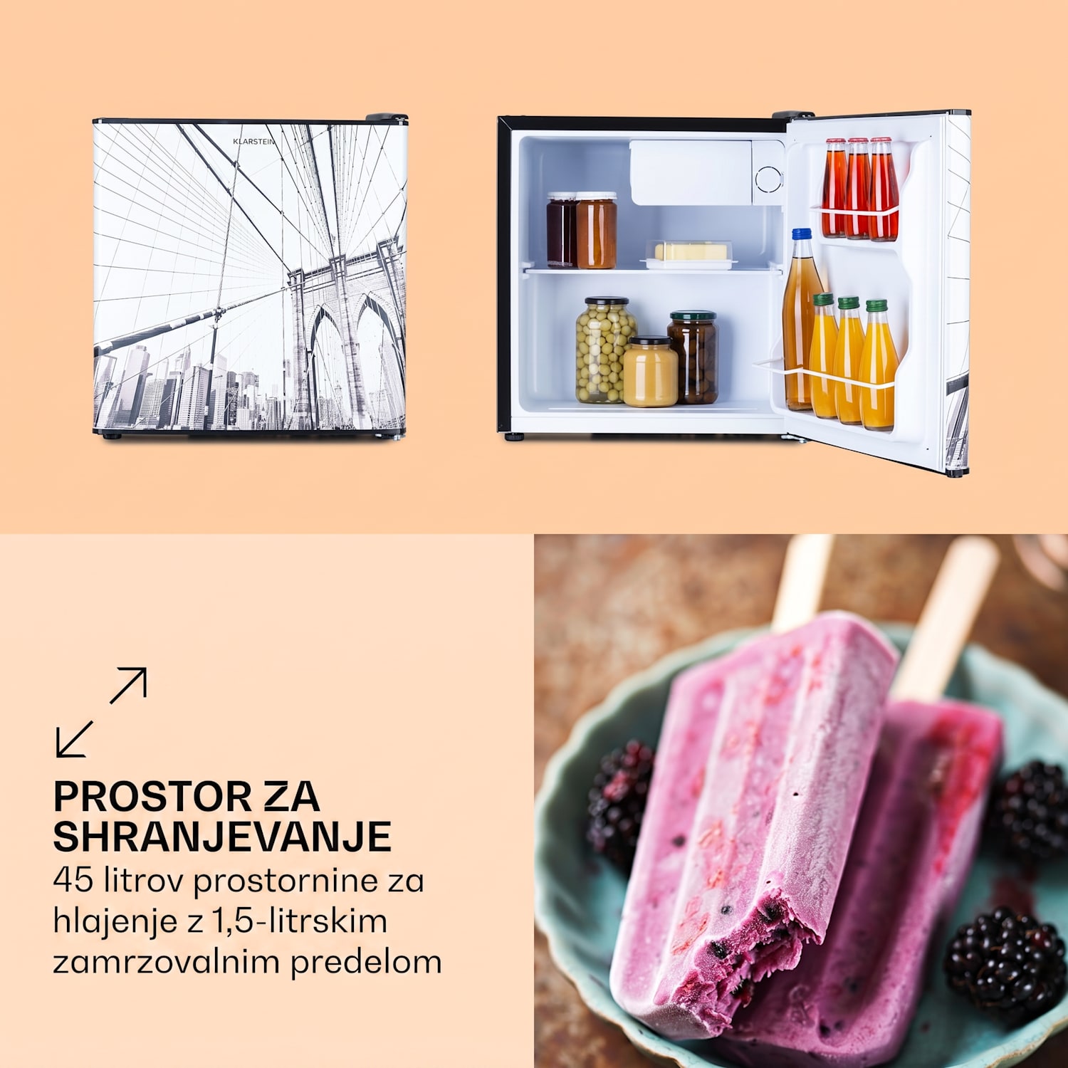 CoolArt 45L, mini hladilnik, EEK E, zamrzovalni predal 1,5 l, dizajnerska vrata 
