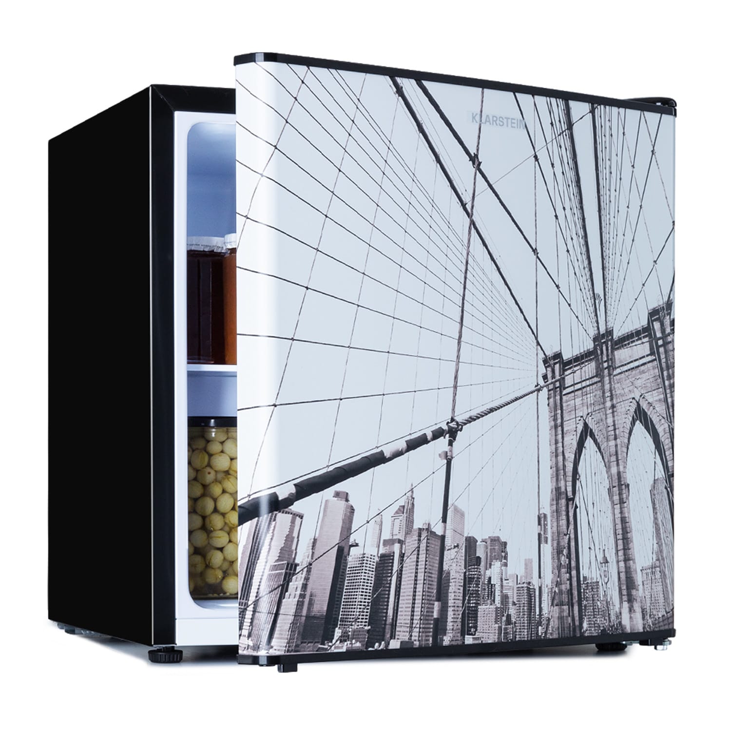 Mini nevera CoolArt 45L, clase de eficiencia energética E, congelador 1,5l, puerta de diseño 