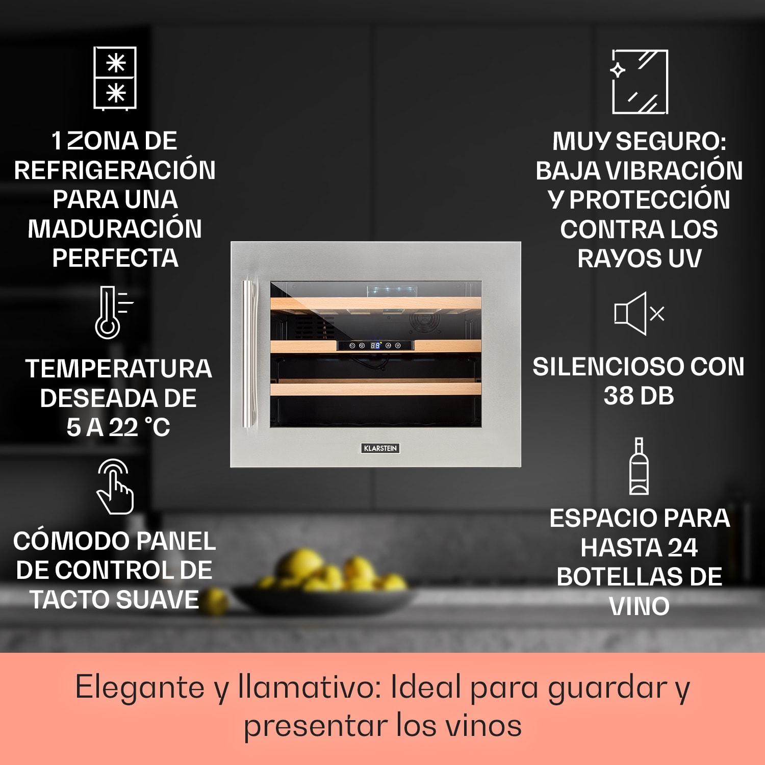 Vinsider 24 Built-In Uno Nevera para vinos empotrable 24 botellas 57 Litros 24 botellas | 1 zona de refrigeración | Acero Inoxidable