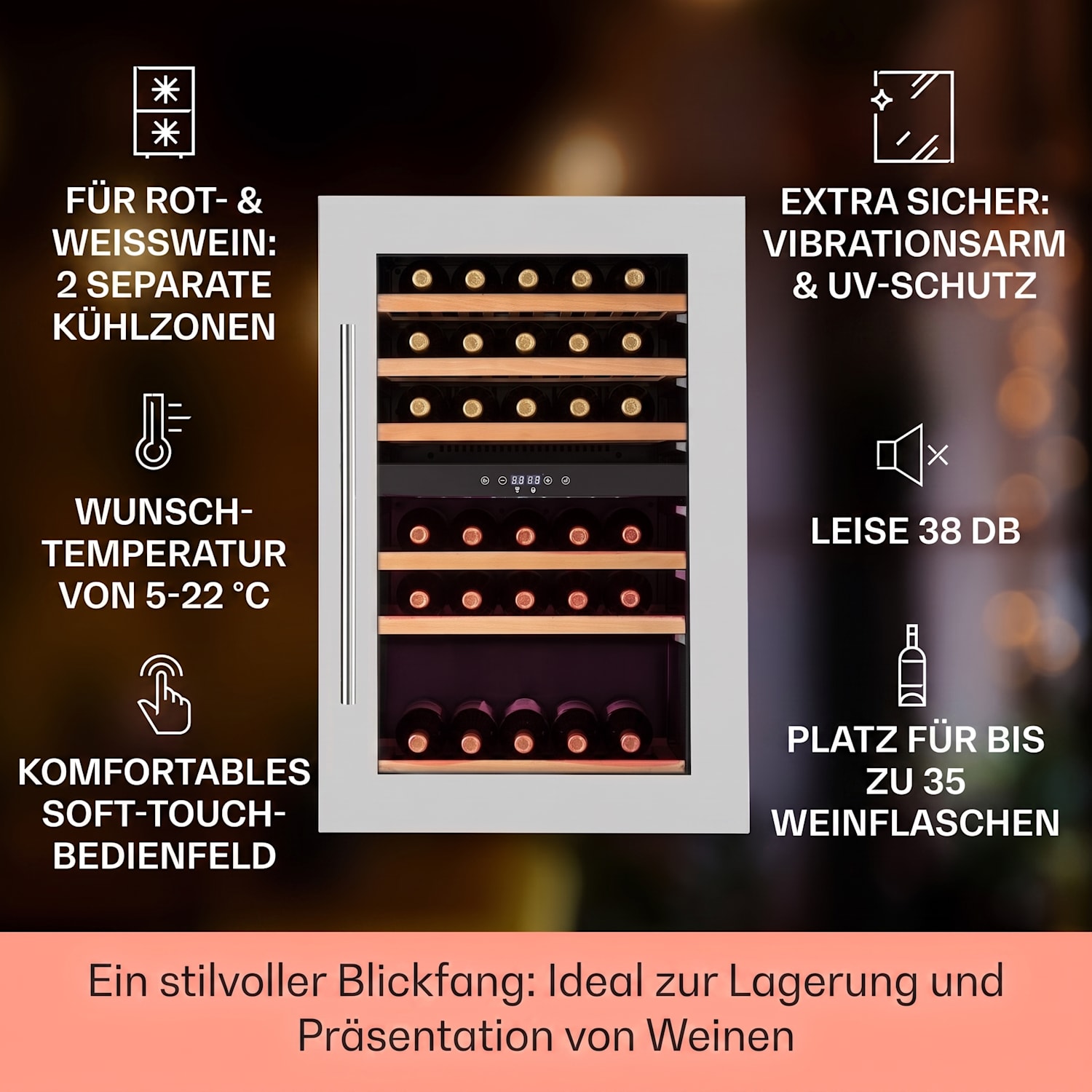 Vinsider 35D Einbau-Weinkühlschrank 128 Liter 41 Weinflaschen 2 Zonen 35 Flaschen | 2 Kühlzonen | Edelstahl