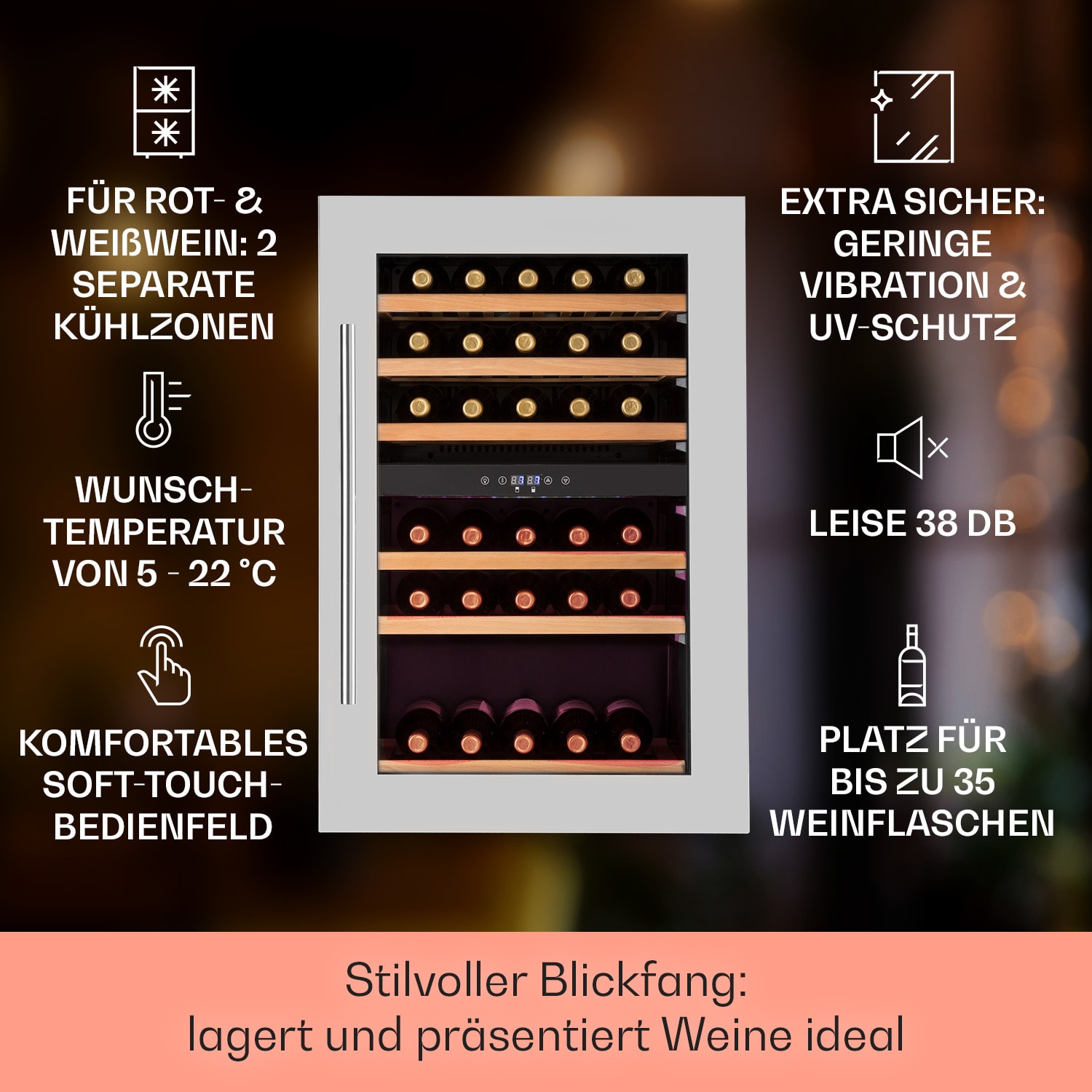Vinsider 35D Einbau-Weinkühlschrank 128 Liter 41 Weinflaschen 2 Zonen 35 Flaschen | 2 Kühlzonen | Edelstahl