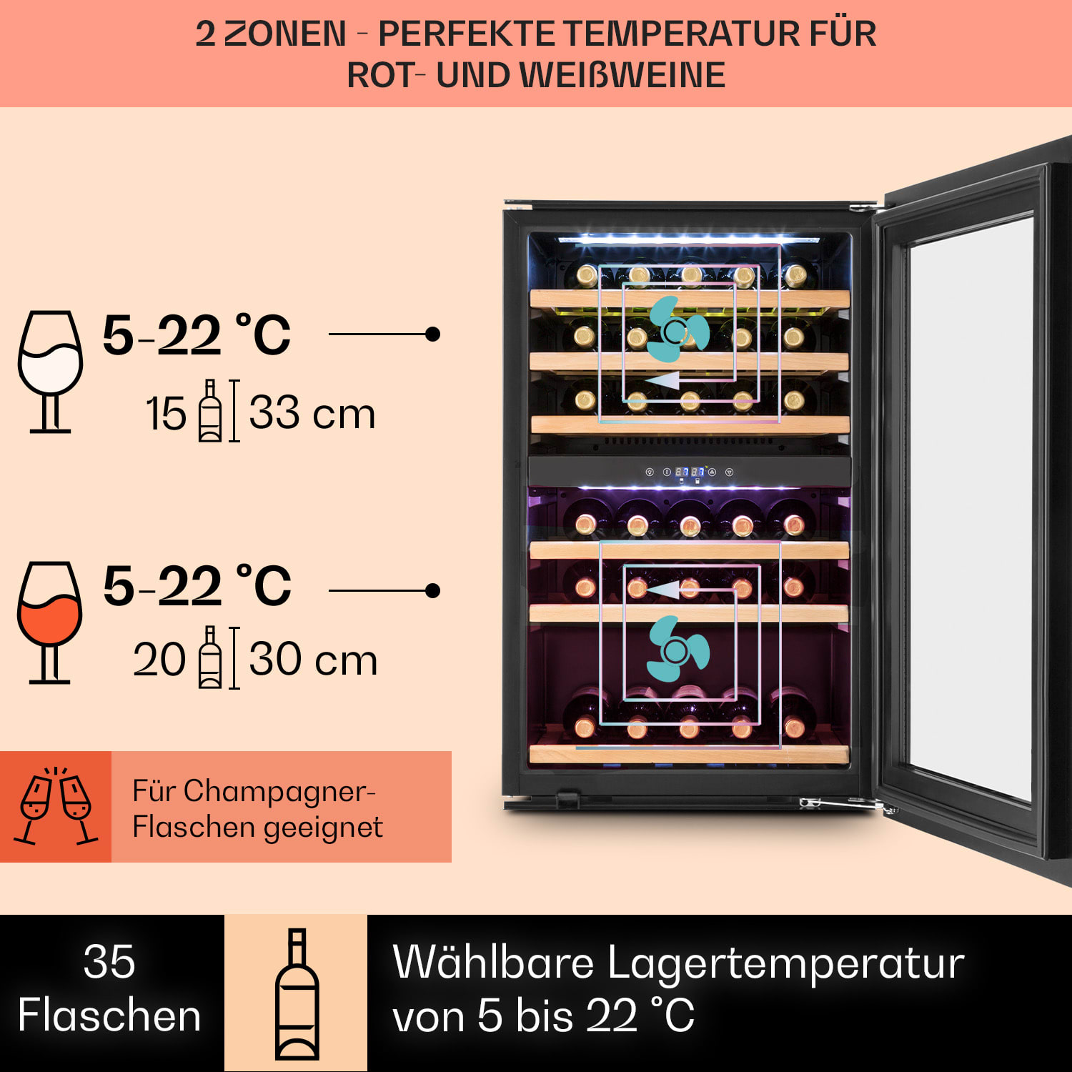Vinsider 35D Einbau-Weinkühlschrank 128 Liter 41 Weinflaschen 2 Zonen 35 Flaschen | 2 Kühlzonen | Edelstahl