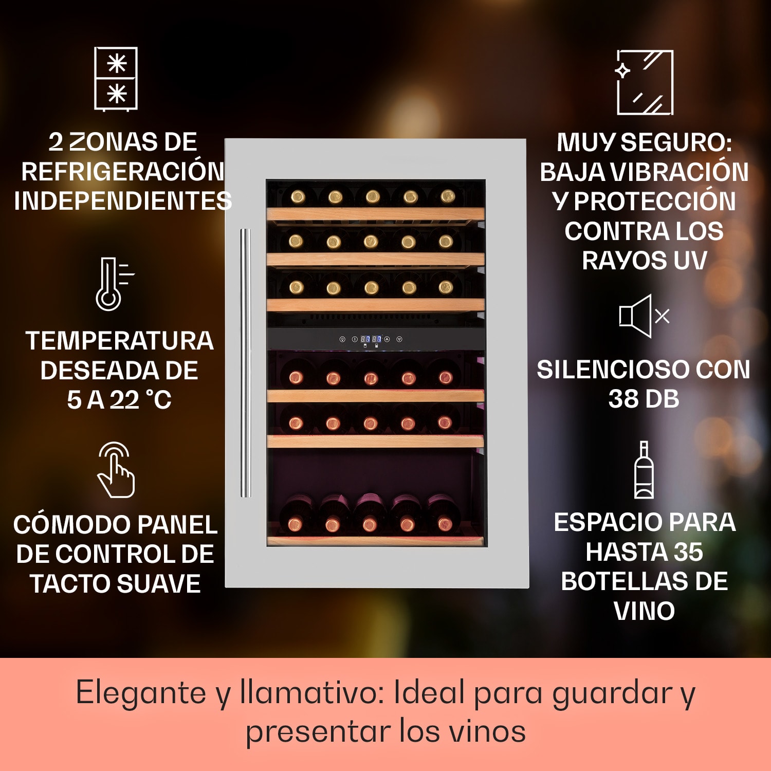 Vinsider 35D Nevera para vino de instalación libre 128 L 41 botellas de vino 2 zonas 35 botellas | 2 zonas de refrigeración | Acero Inoxidable
