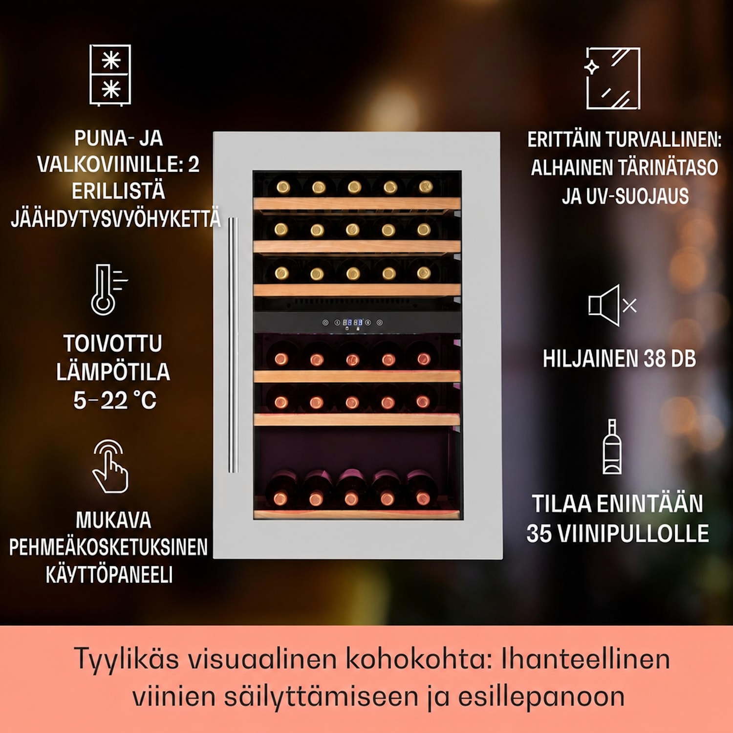 Vinsider 35D tason alle sijoitettava viinikaappi 128 litraa 41 viinipullolle 2 aluetta 35 pulloa | 2 jäähdytysalue | Ruostumaton Teräs