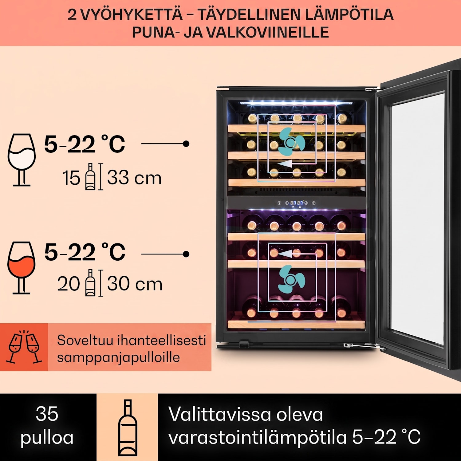 Vinsider 35D tason alle sijoitettava viinikaappi 128 litraa 41 viinipullolle 2 aluetta 35 pulloa | 2 jäähdytysalue | Ruostumaton Teräs
