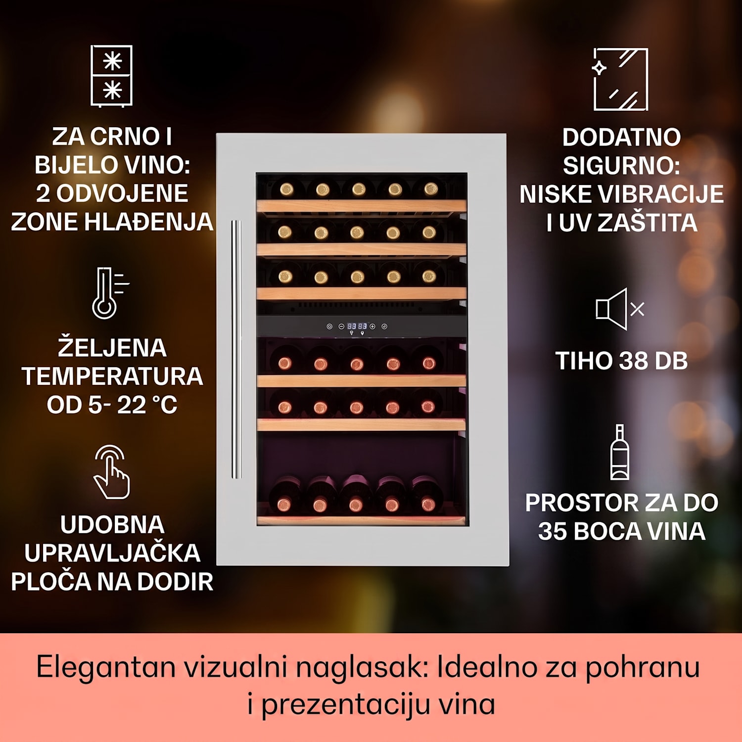 Vinsider 35D, ugradbeni hladnjak za vino, 128 litara, 41 boca vina, 2 zone 35 boca | 2 | Nehrđajući čelik