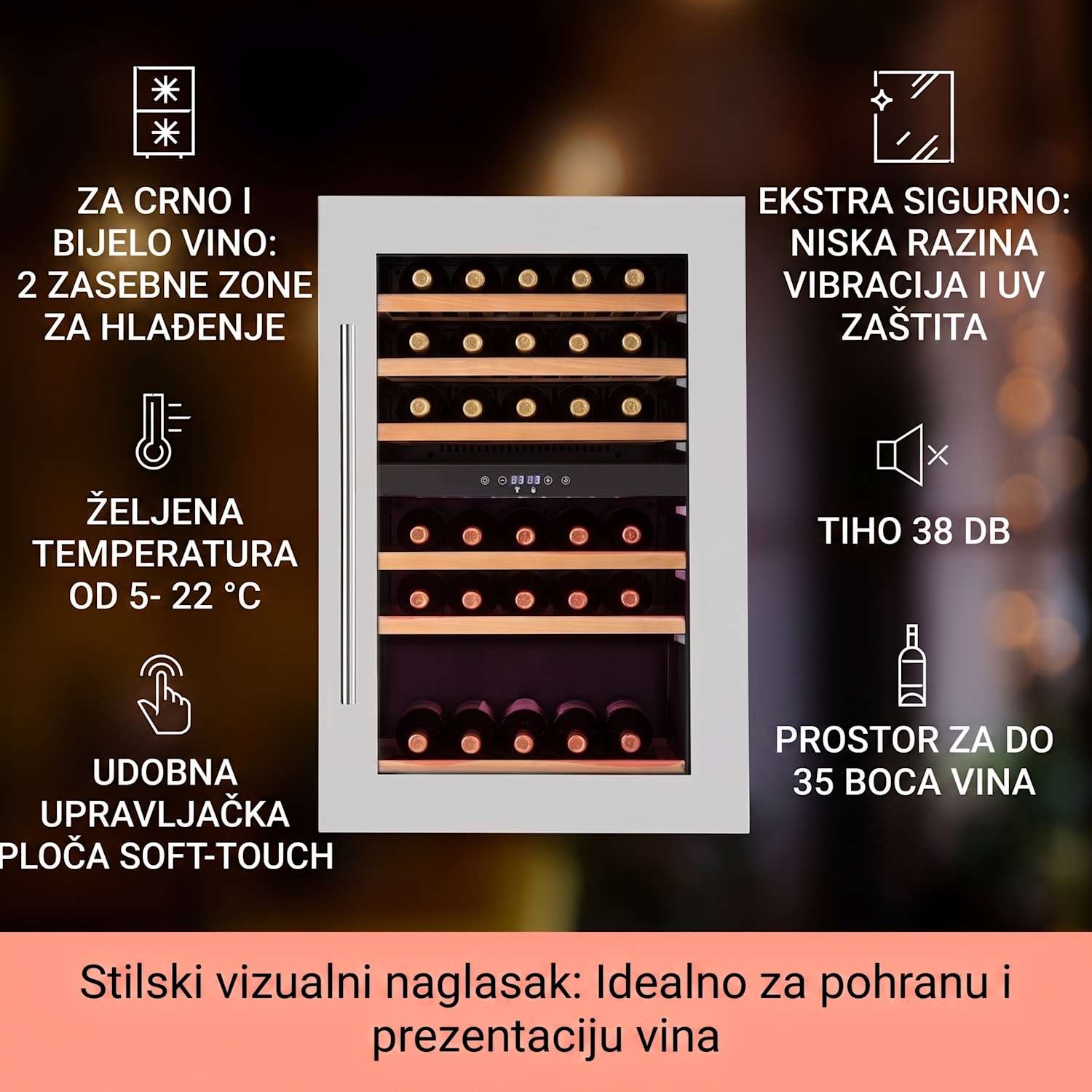 Vinsider 35D, ugradbeni hladnjak za vino, 128 litara, 41 boca vina, 2 zone 35 boca | 2 | Nehrđajući čelik