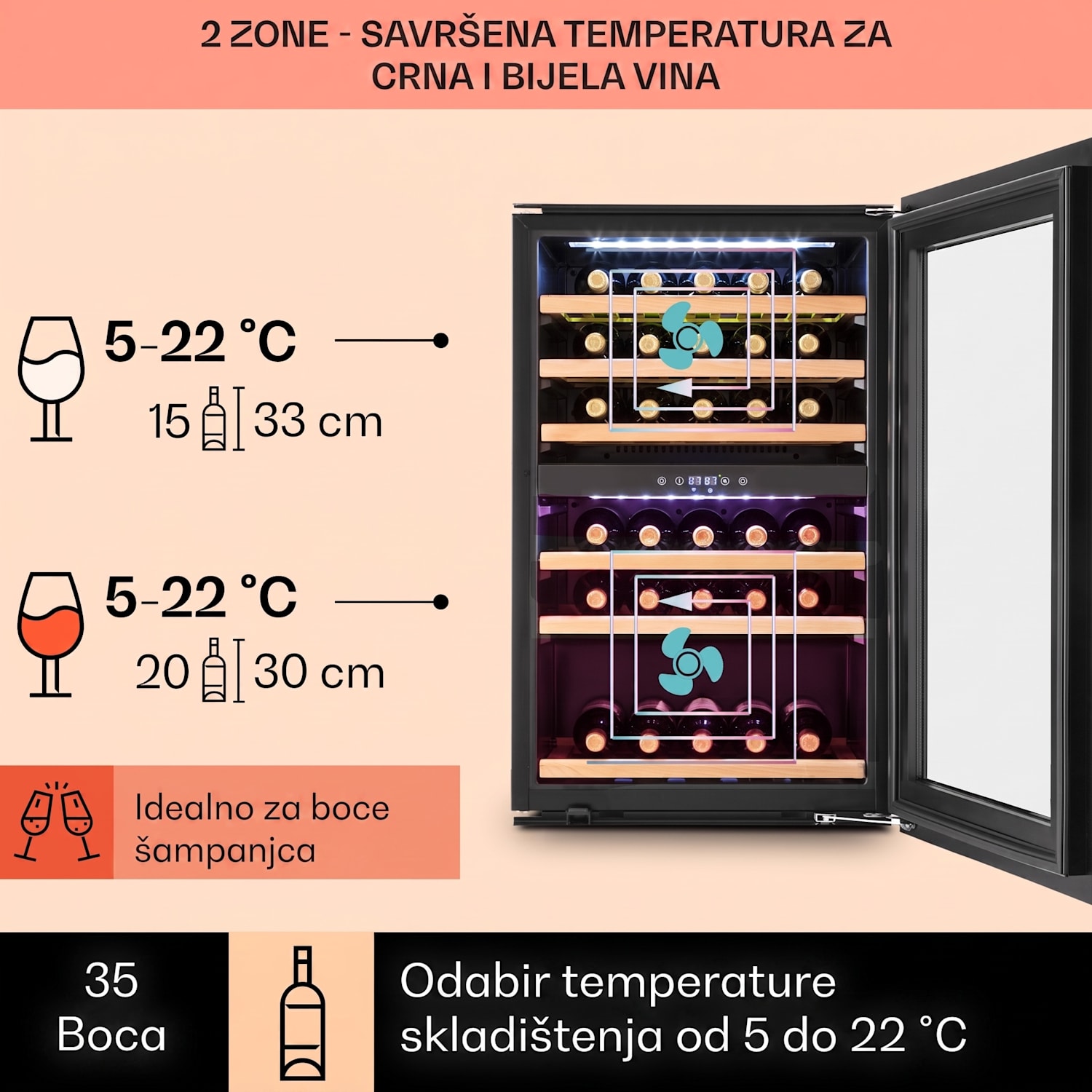 Vinsider 35D, ugradbeni hladnjak za vino, 128 litara, 41 boca vina, 2 zone 35 boca | 2 | Nehrđajući čelik