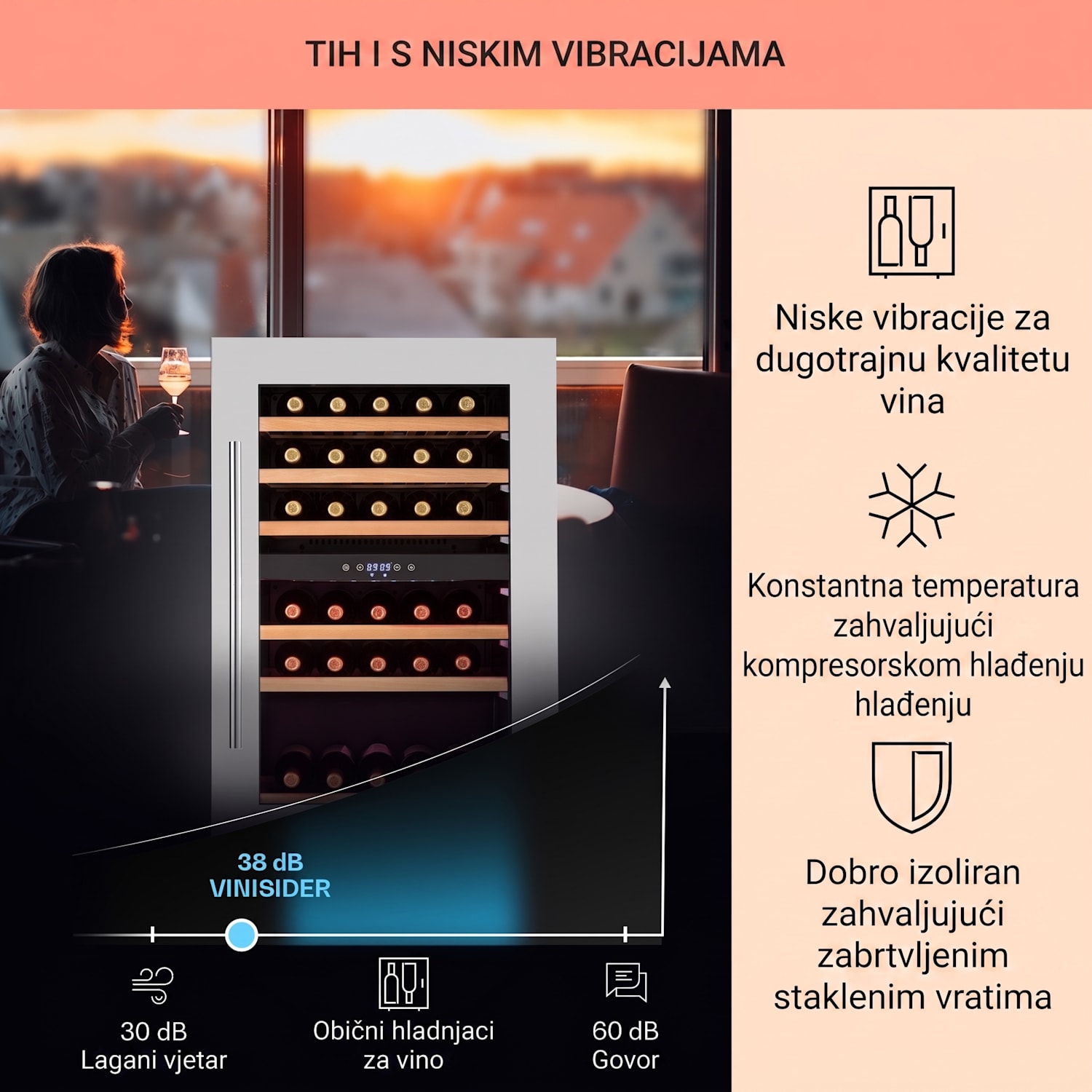 Vinsider 35D, ugradbeni hladnjak za vino, 128 litara, 41 boca vina, 2 zone 35 boca | 2 | Nehrđajući čelik