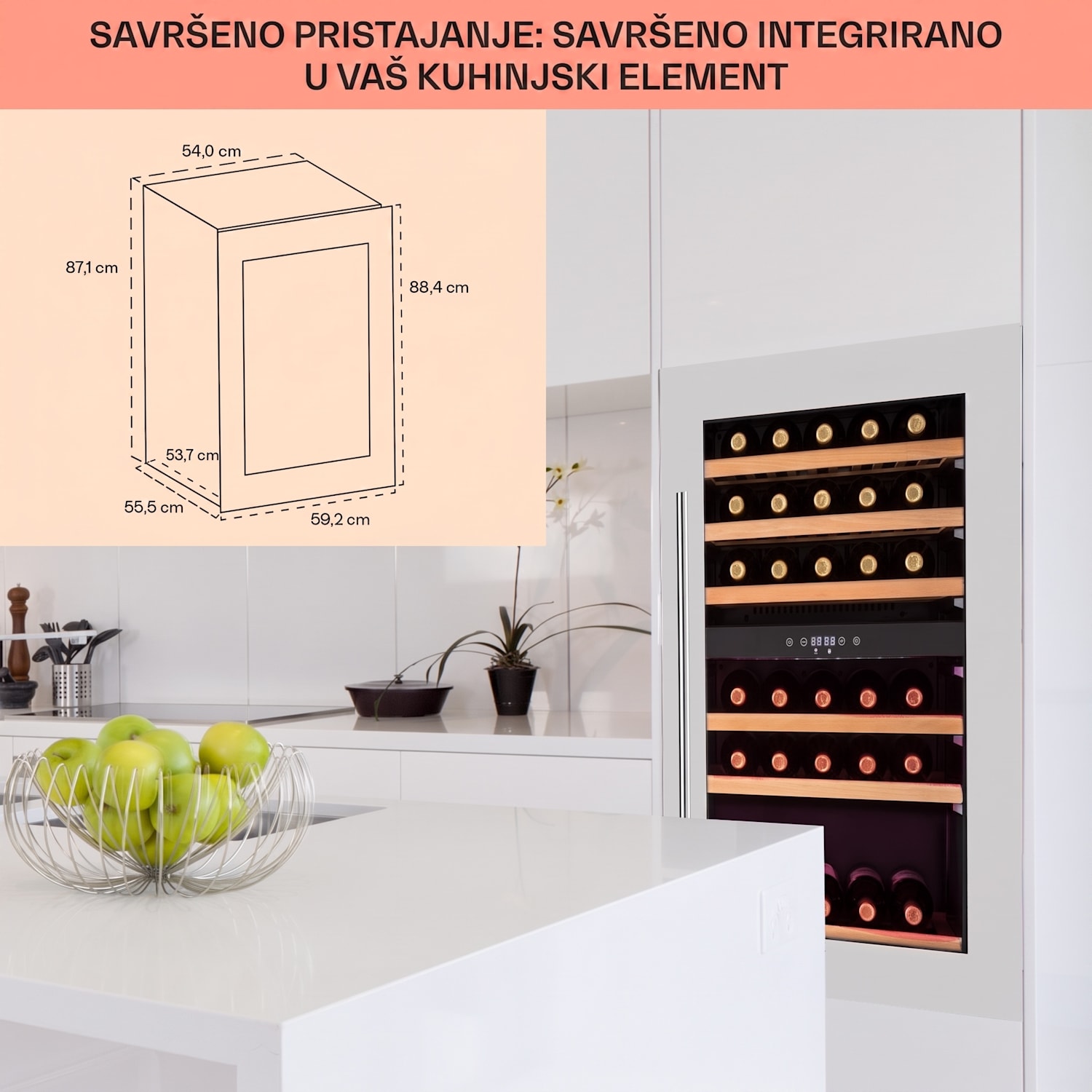 Vinsider 35D, ugradbeni hladnjak za vino, 128 litara, 41 boca vina, 2 zone 35 boca | 2 | Nehrđajući čelik