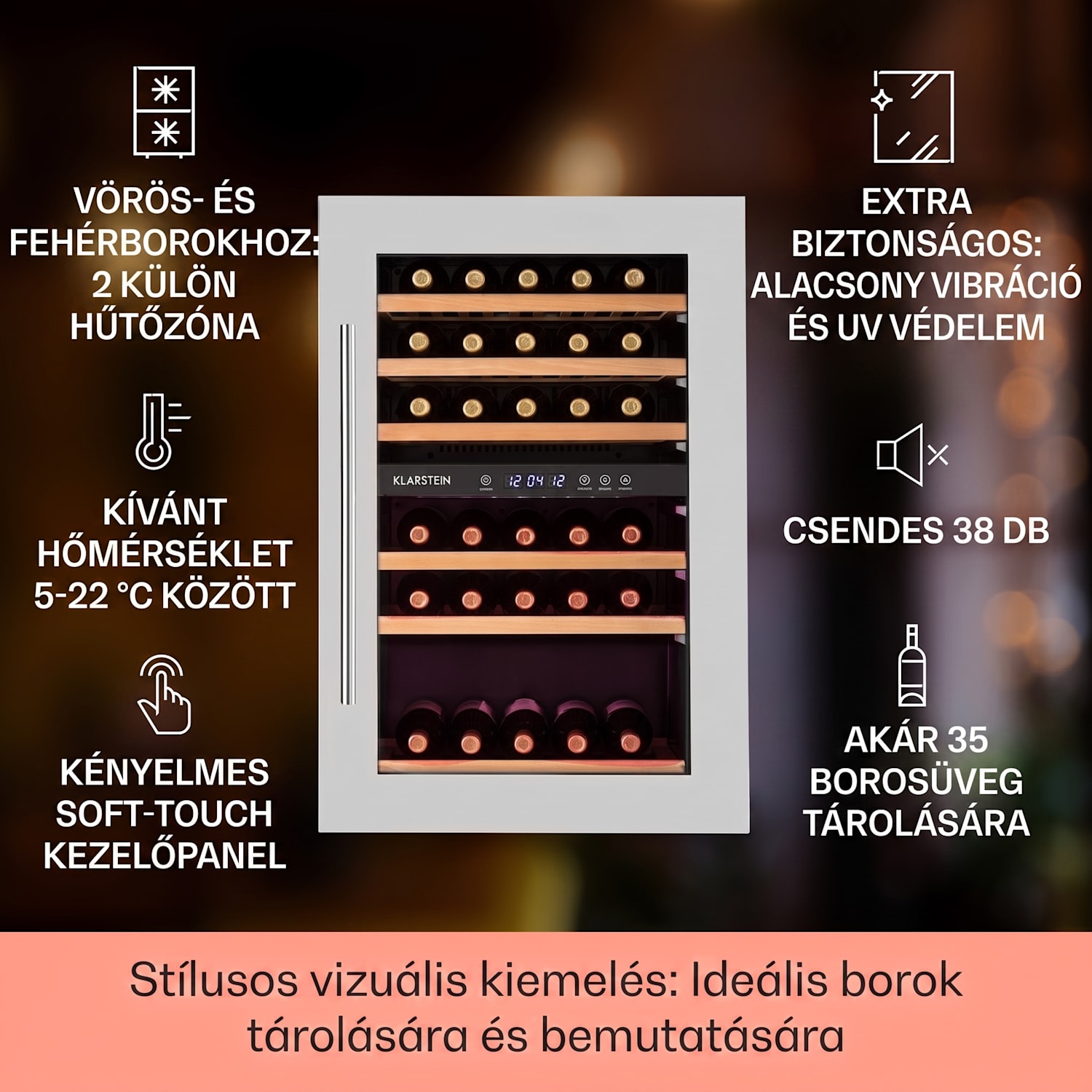 Vinsider 35D, beépített borhűtő, 128 liter, 41 palack, 2 zóna 35 palack | 2 hűtőzóna | Rozsdamentes acél